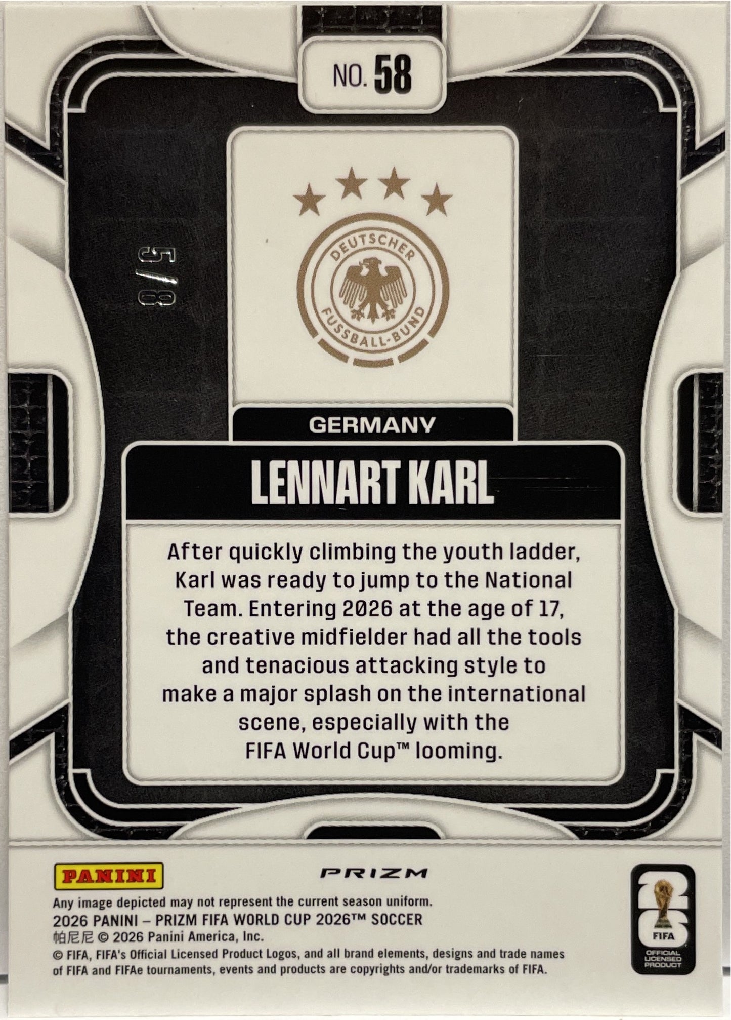 Lennart Karl 5/8 Rookie Black Gold Wave Panini Prizm World Cup 2026