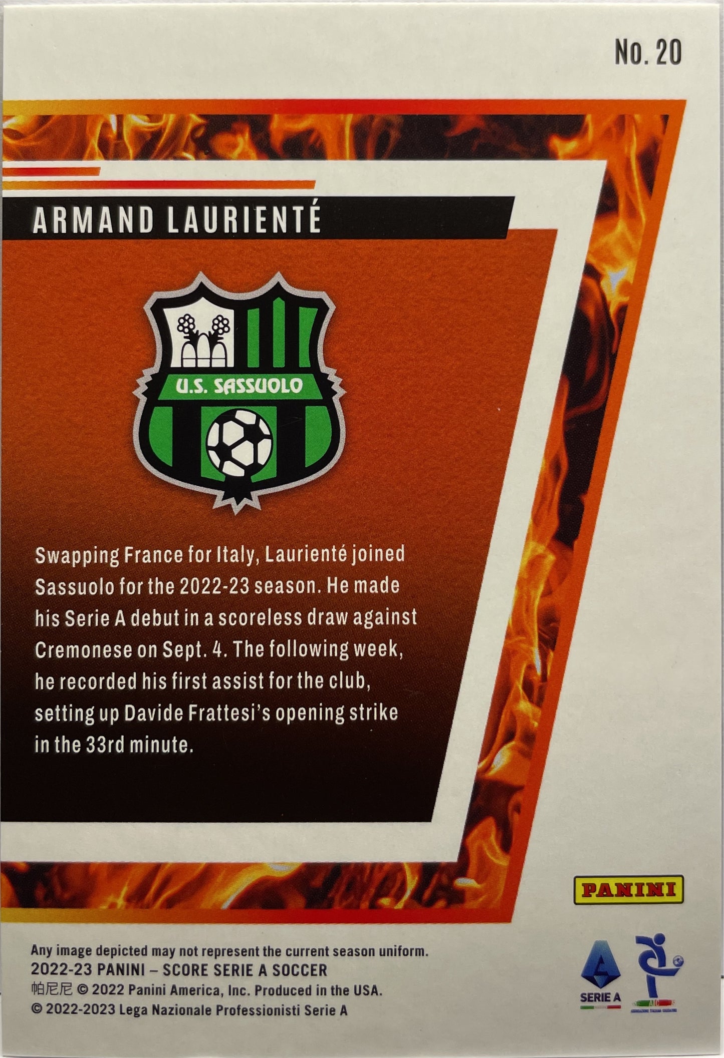 Armand Lauriente 7/15 Hot Rookies Purple Laser Score Serie A 2022/23