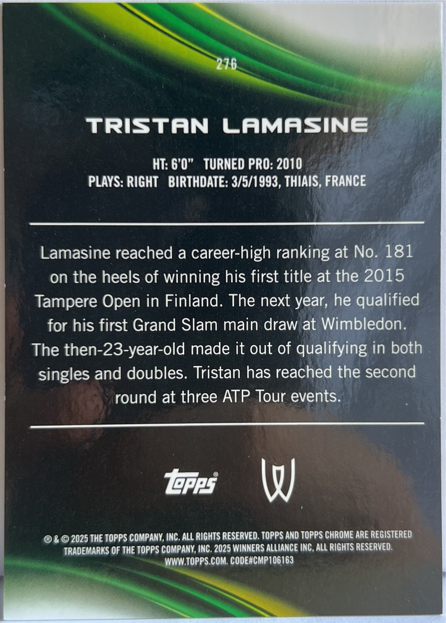 Tristan Lamasine 47/50 1ST Gold Topps Chrome Tennis 2025