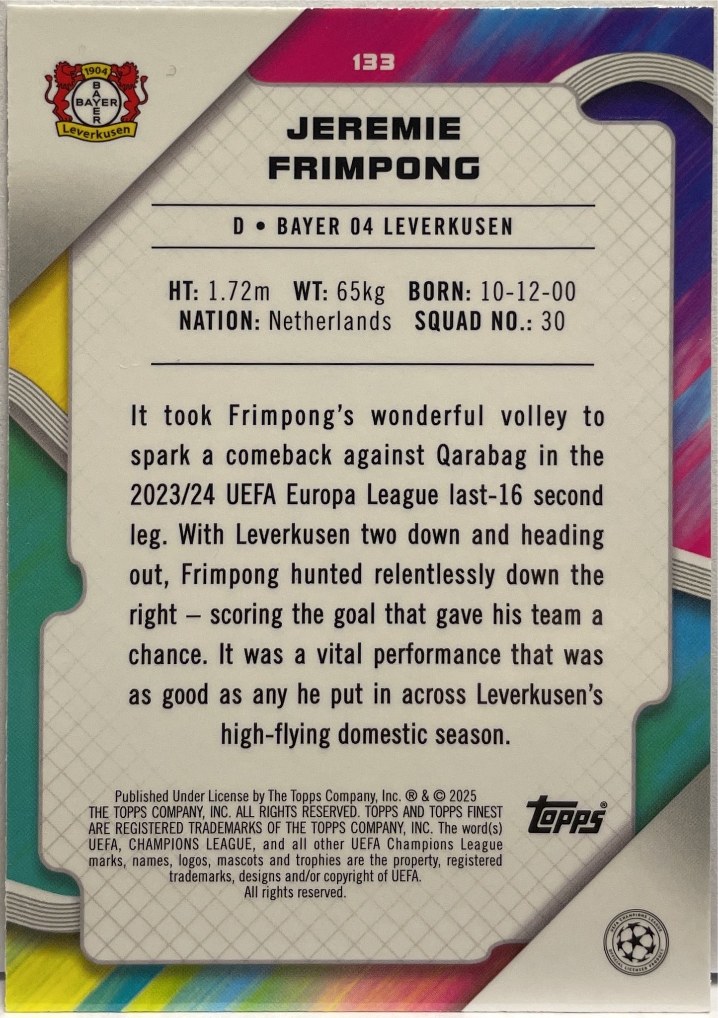 Jeremie Frimpong 219/275 Sky Blue Topps Finest UCC 2024/25