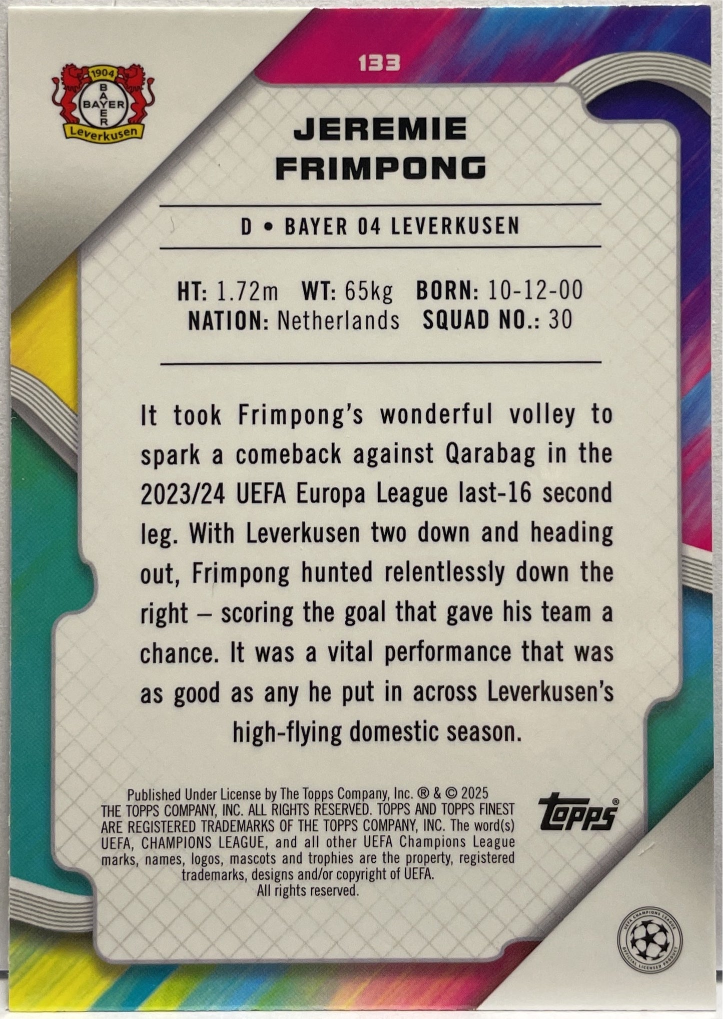 Jeremie Frimpong 273/275 Sky Blue Topps Finest UCC 2024/25