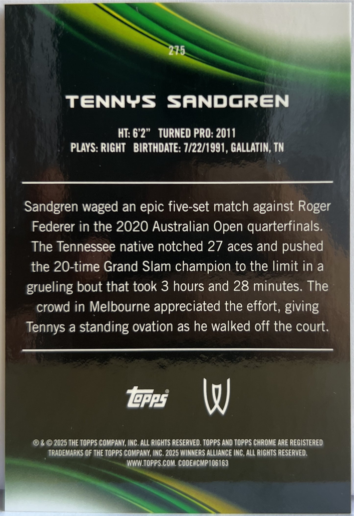 Tennys Sandgren 33/50 1ST Gold Topps Chrome Tennis 2025