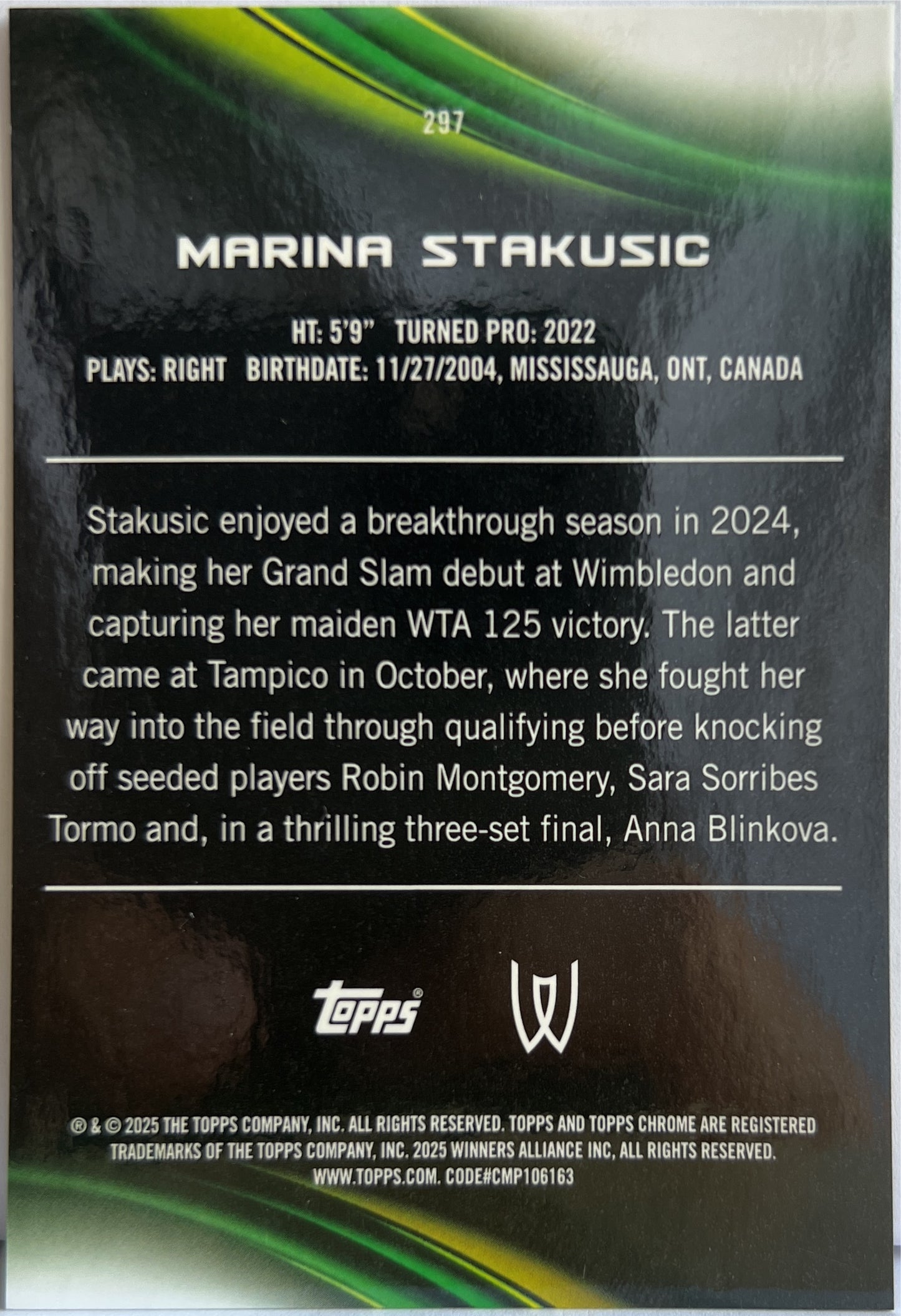 Marina Stakusic 41/50 Rookie Gold Topps Chrome Tennis 2025