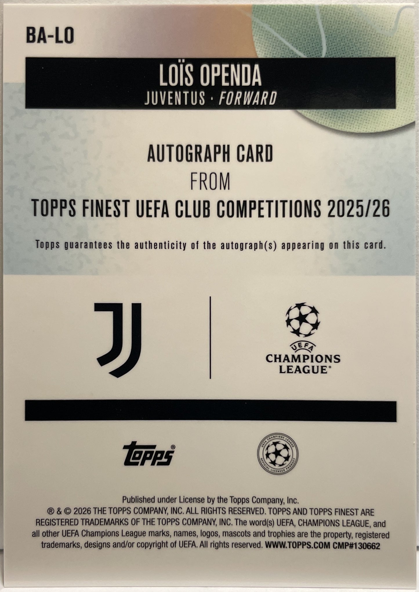 Lois Openda Autograph Topps Finest UCC 2025/26