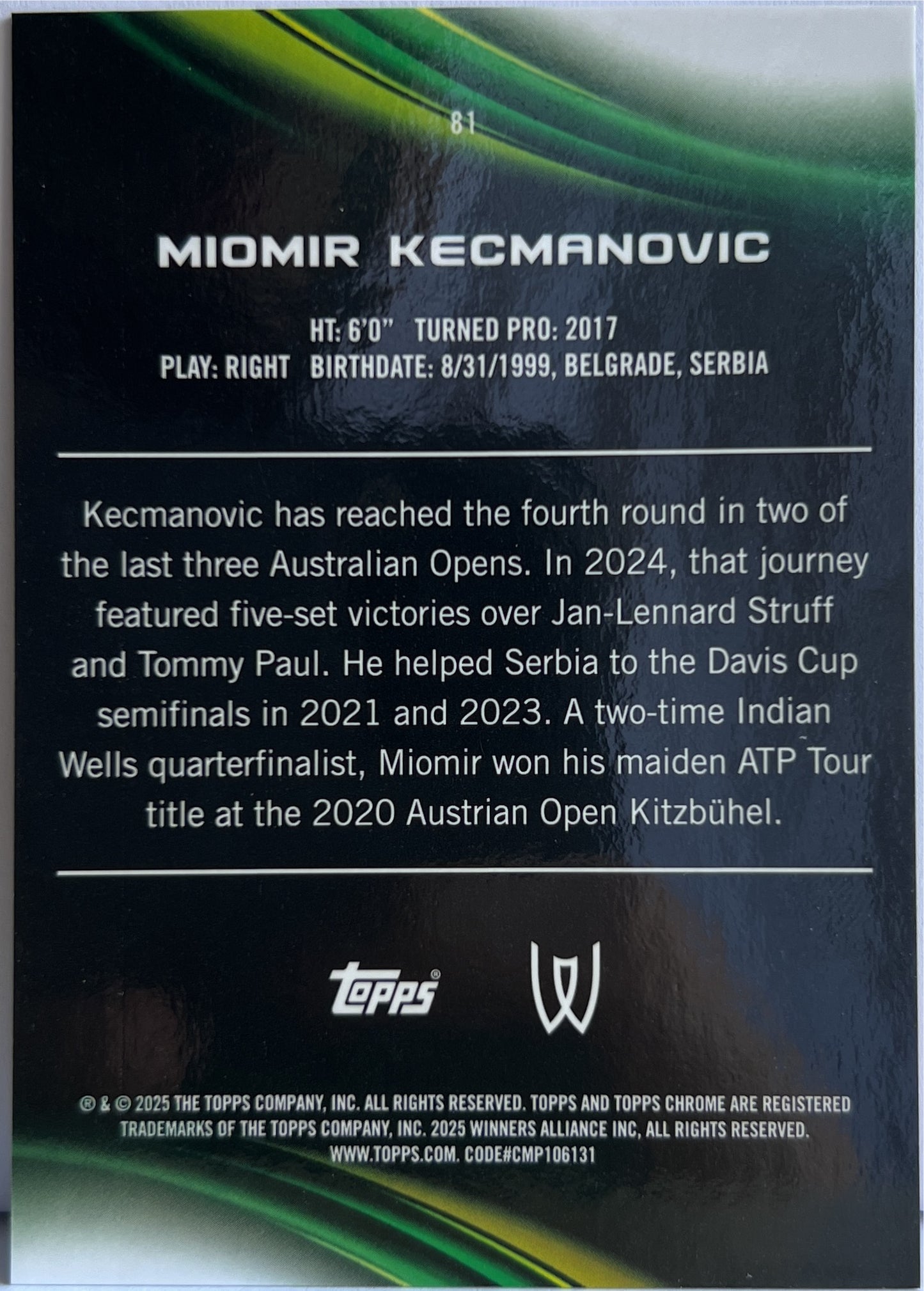 Miomir Kecmanovic 15/65 Pink Geometric Topps Chrome Tennis 2025