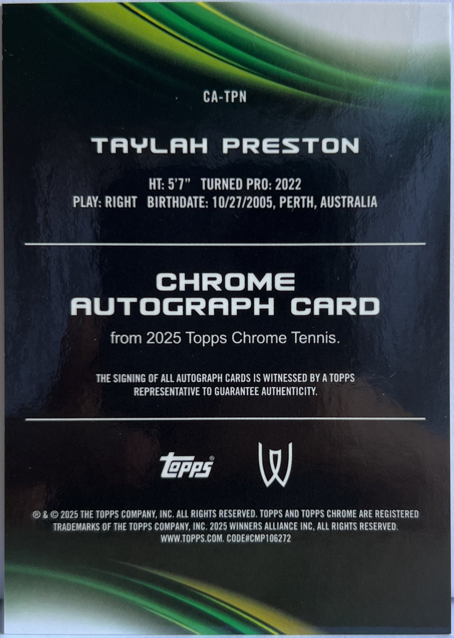 Taylah Preston Autograph Topps Chrome Tennis 2025