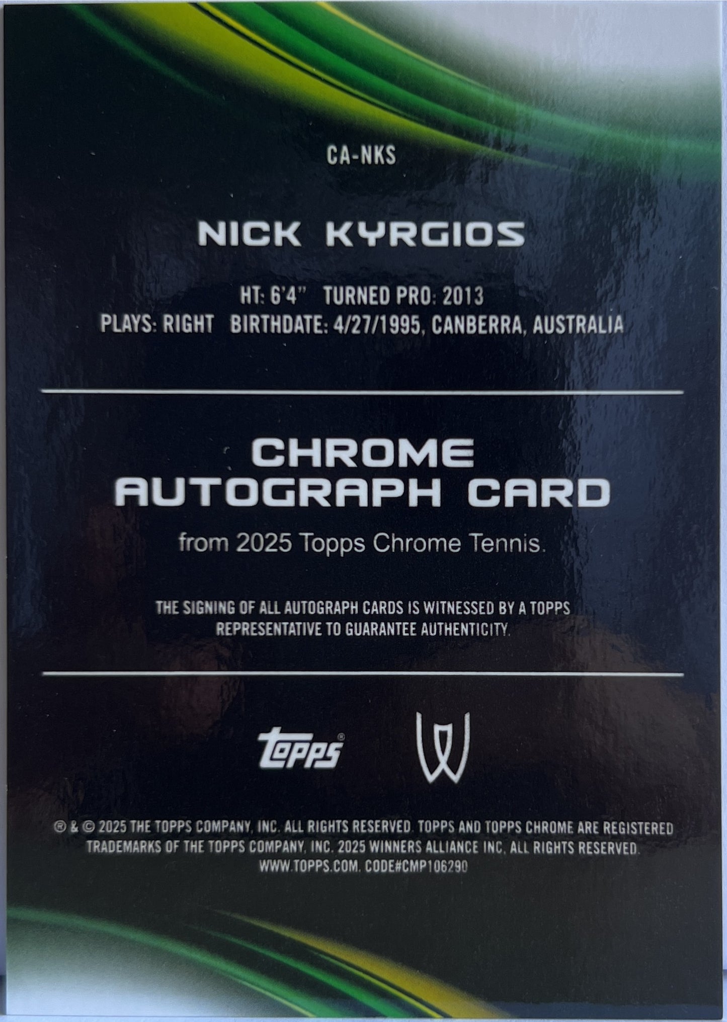 Nick Kyrgios Autograph Topps Chrome Tennis 2025