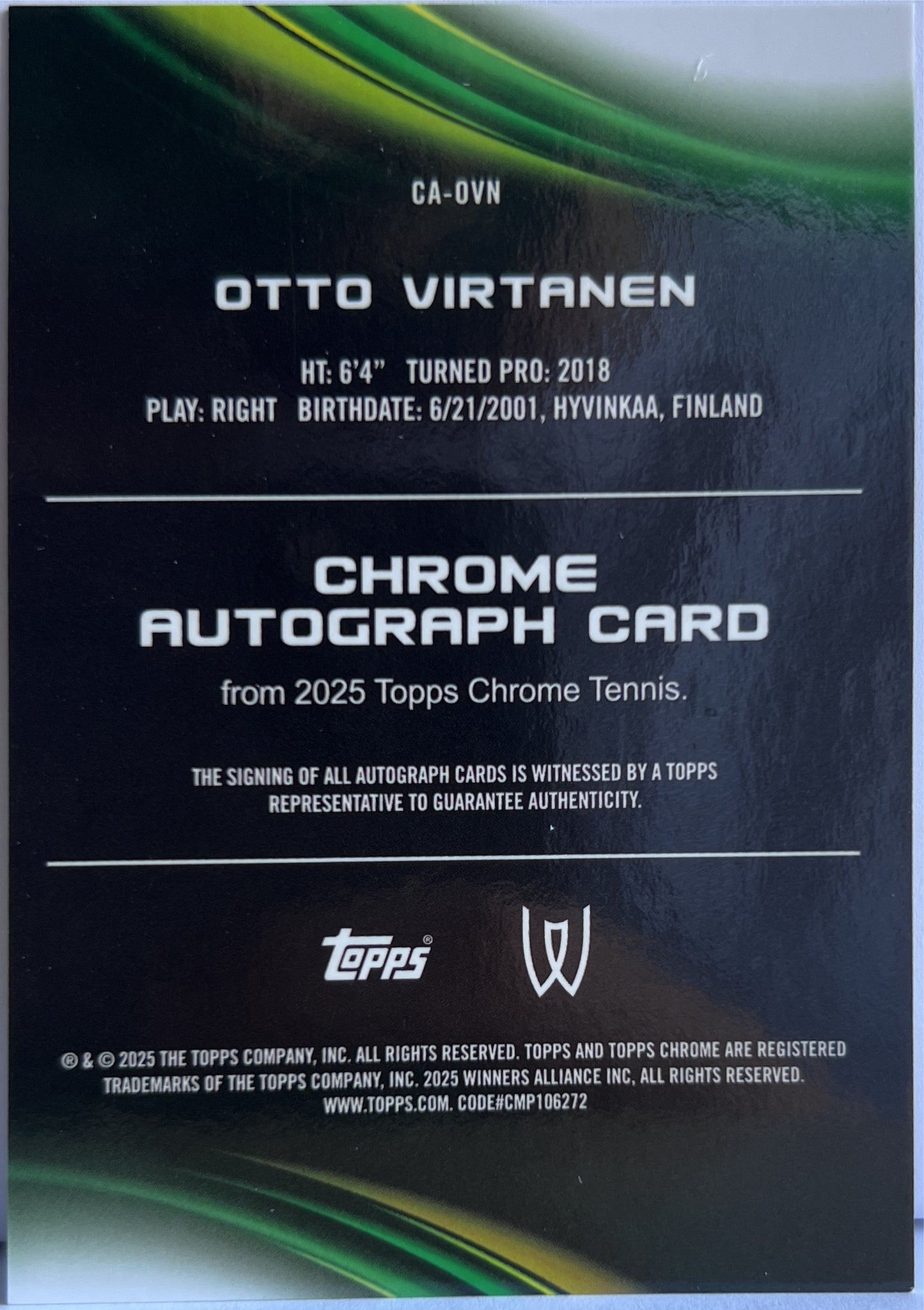 Otto Virtanen 79/150 Autograph Blue Topps Chrome Tennis 2025