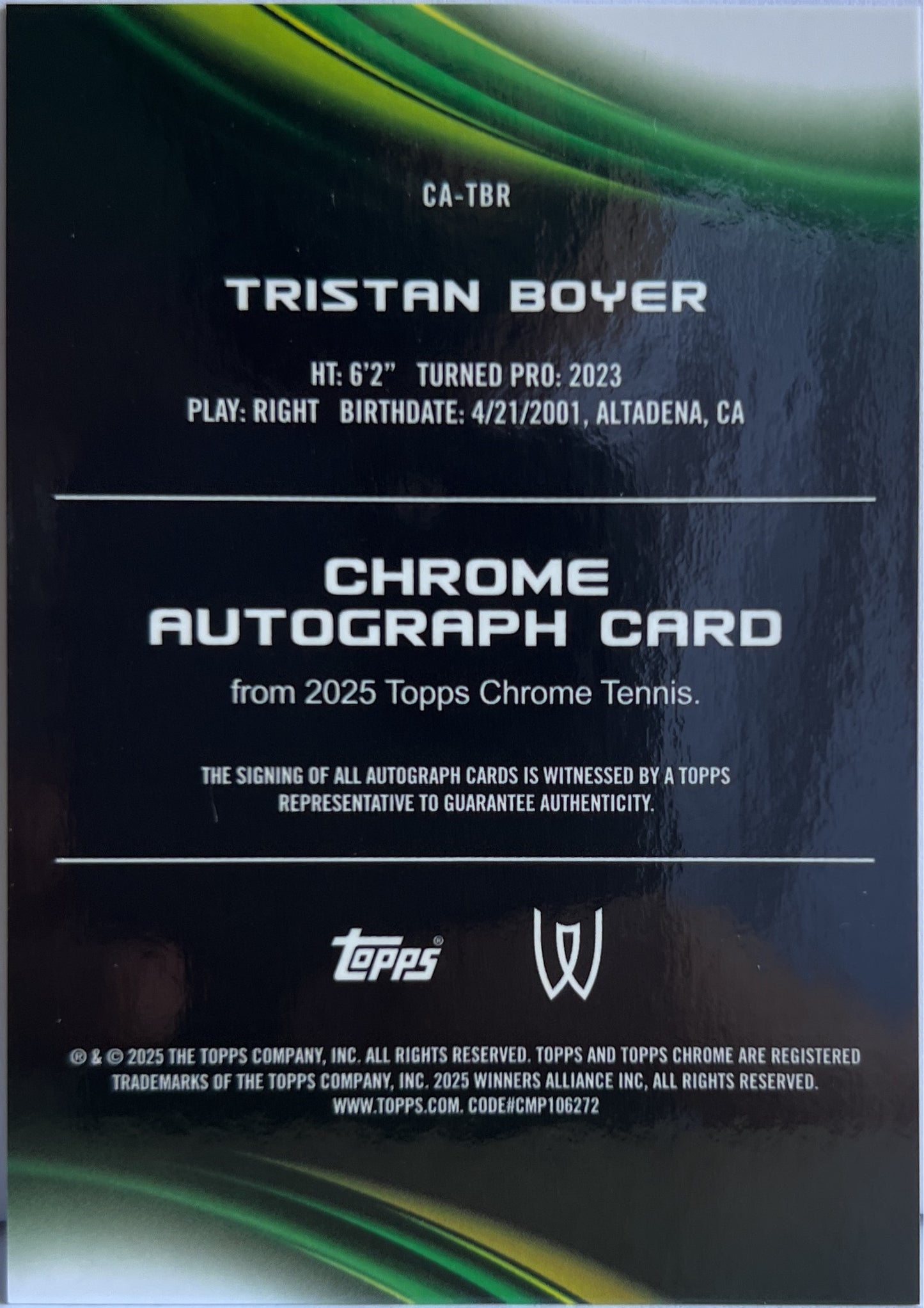 Tristan Boyer Rookie Autograph Topps Chrome Tennis 2025