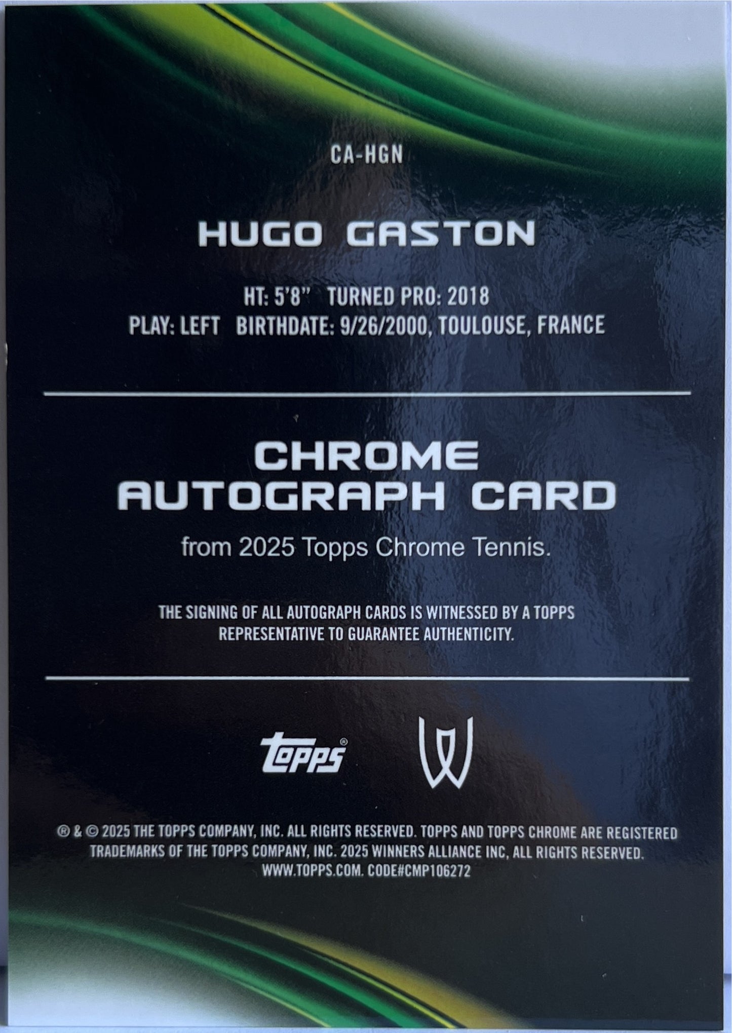 Hugo Gaston Autograph Topps Chrome Tennis 2025