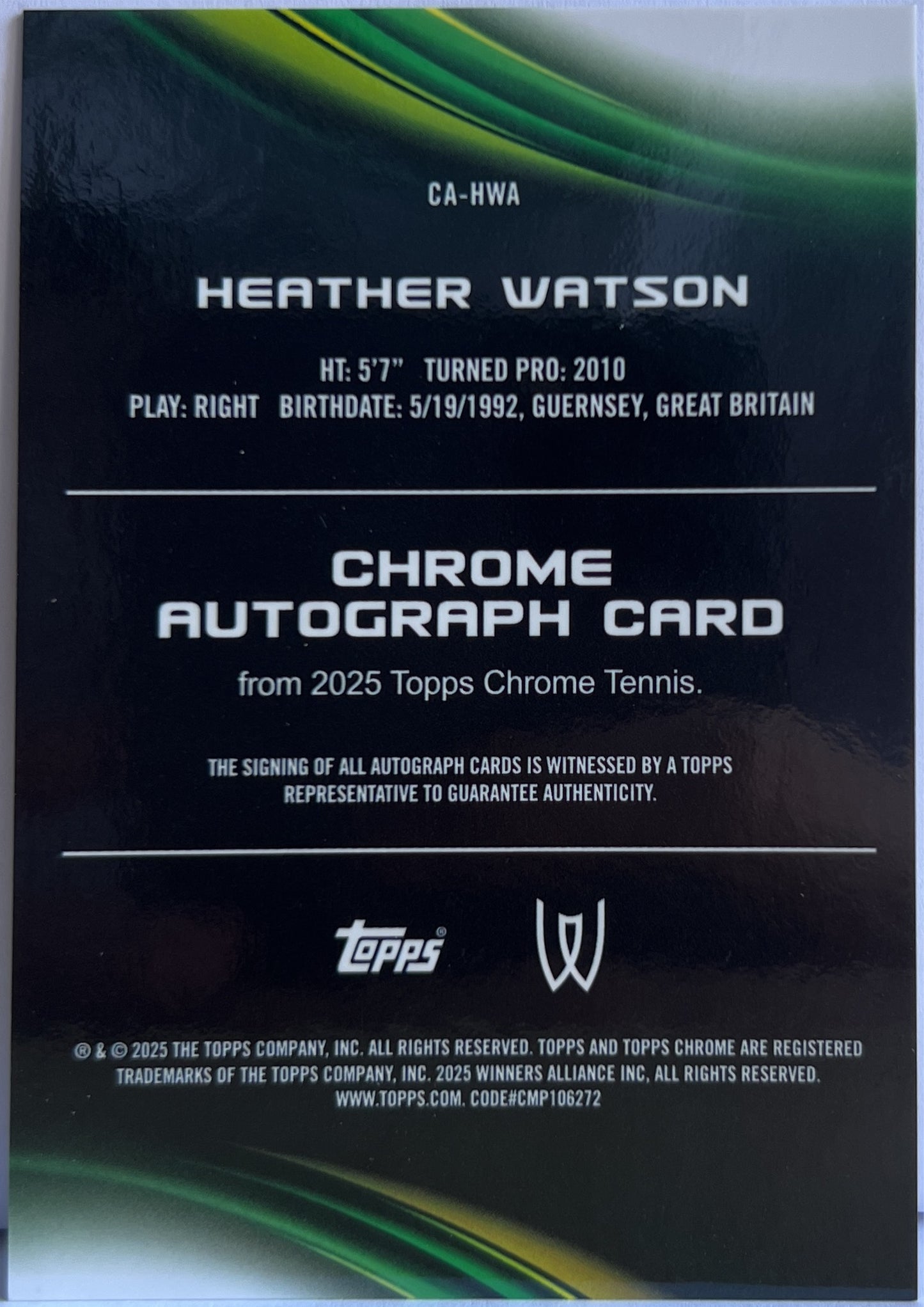Heather Watson Autograph Topps Chrome Tennis 2025
