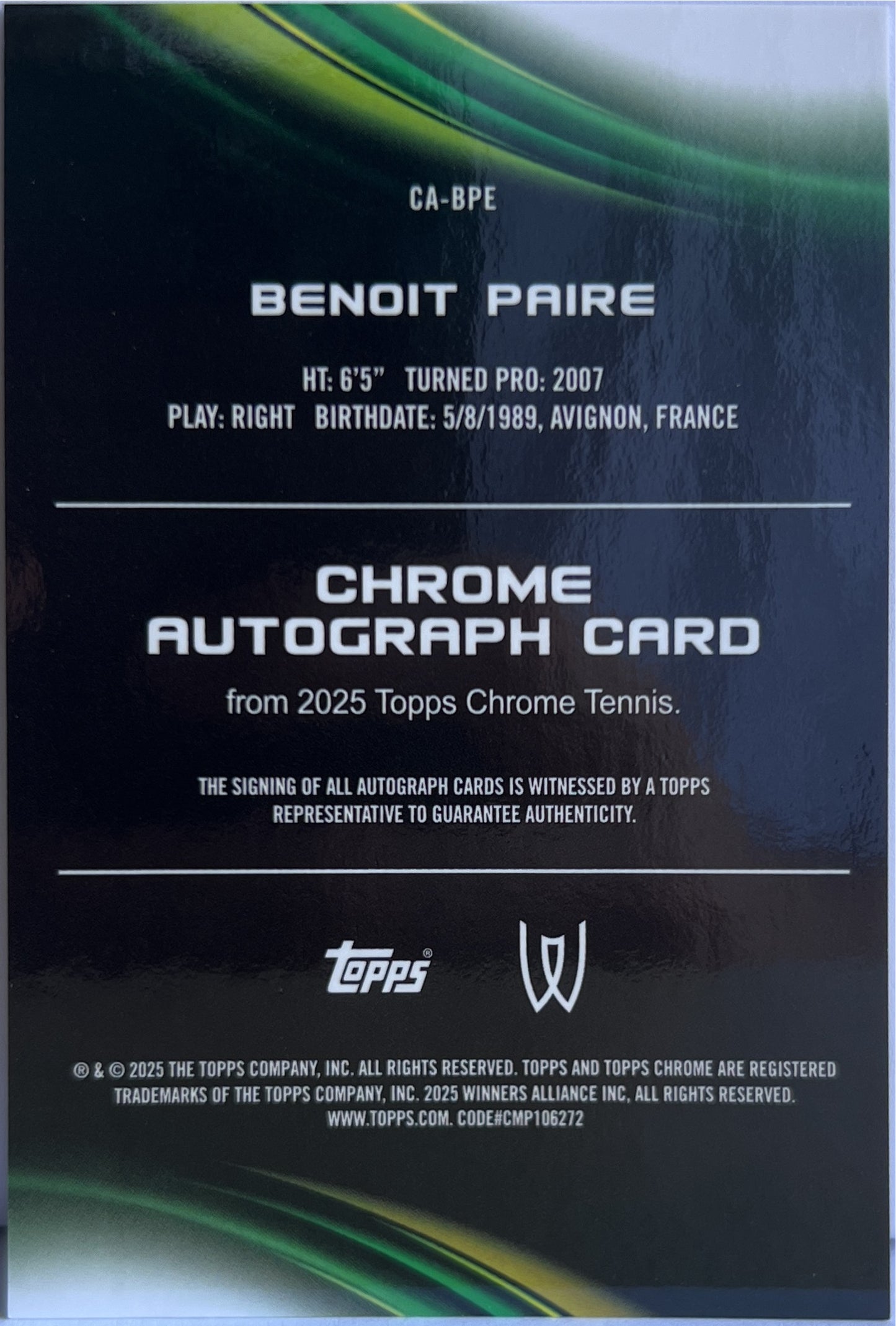 Benoit Paire Autograph Topps Chrome Tennis 2025
