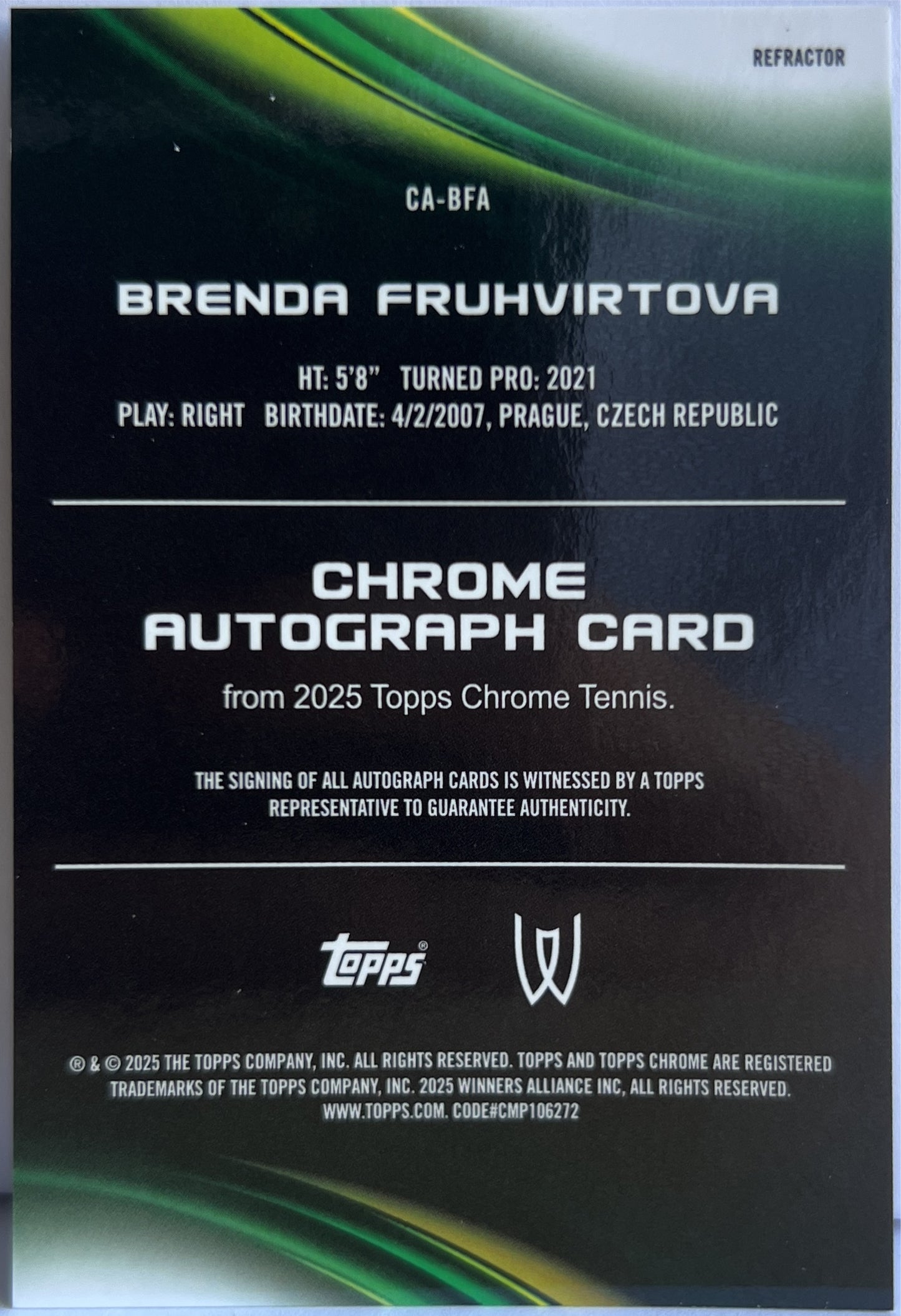 Brenda Fruhvirtova Autograph Refractor Topps Chrome Tennis 2025