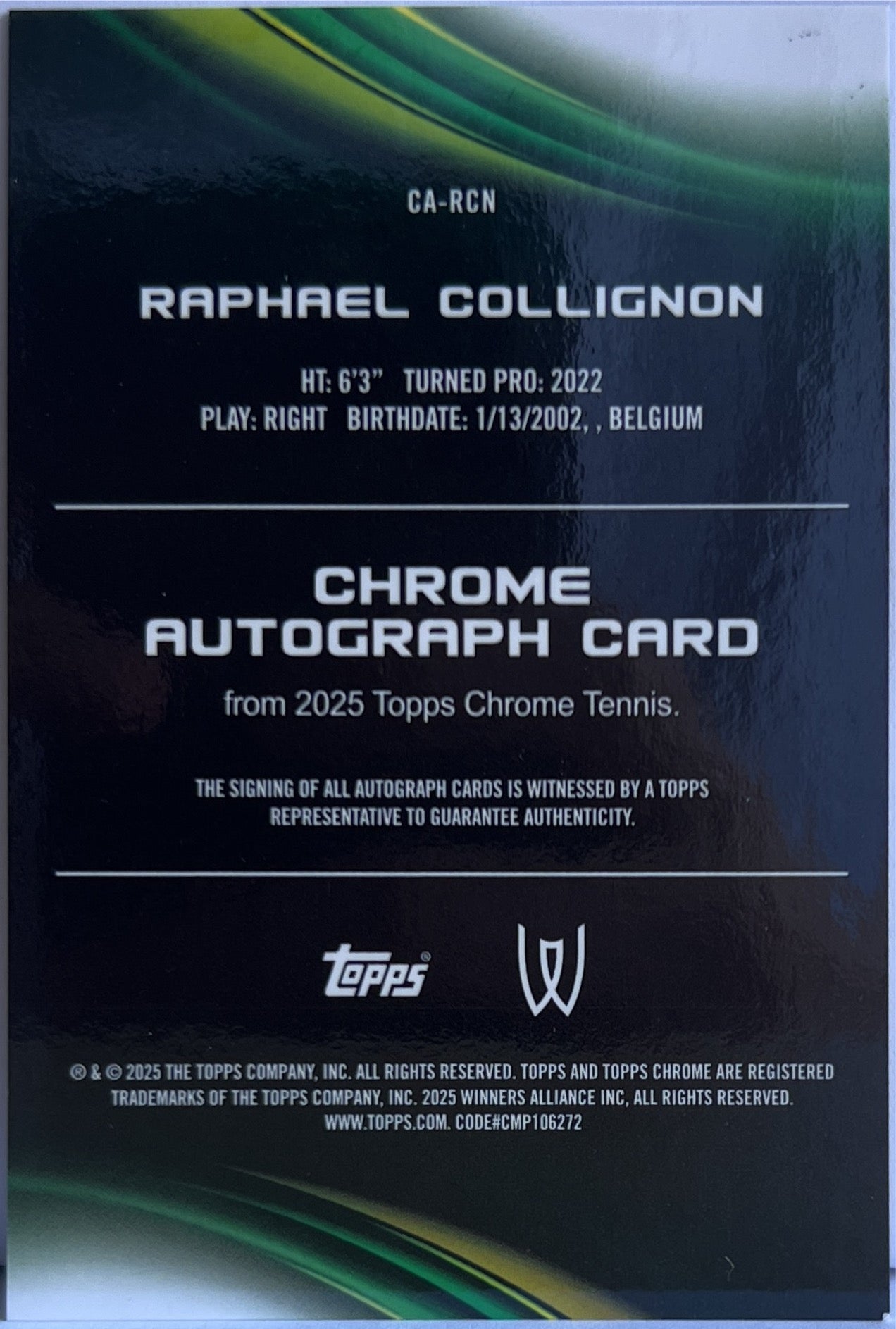Raphael Collignon Rookie Autograph Topps Chrome Tennis 2025