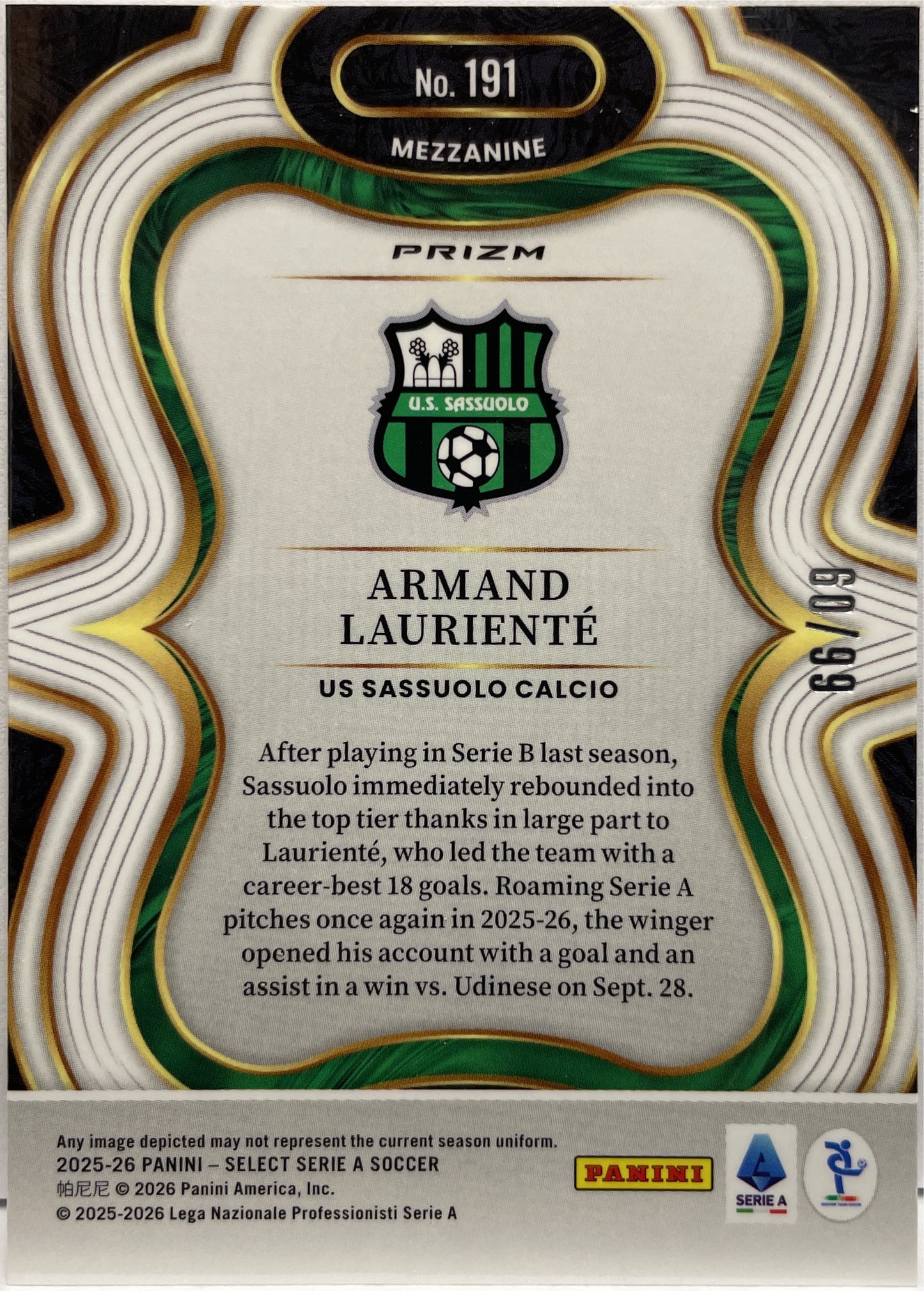 Armand Lauriente 60/99 Mezzanine Bronze Checker Panini Select Serie A 2025/26