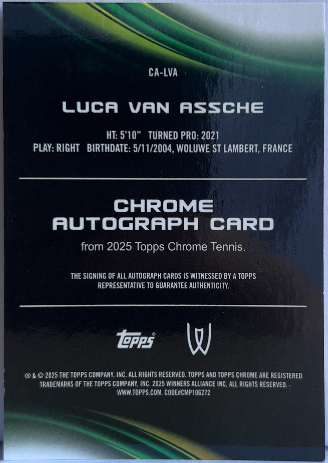 Luca Van Assche 1/99 Autograph Green Topps Chrome Tennis 2025