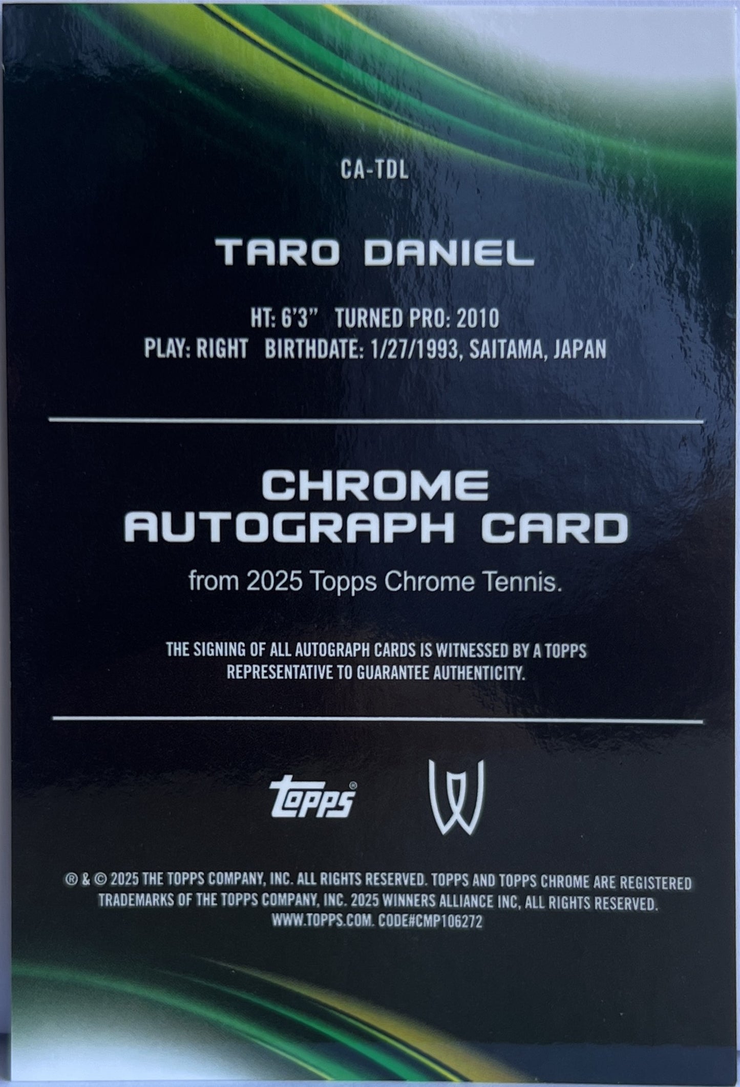 Taro Daniel Autograph Topps Chrome Tennis 2025