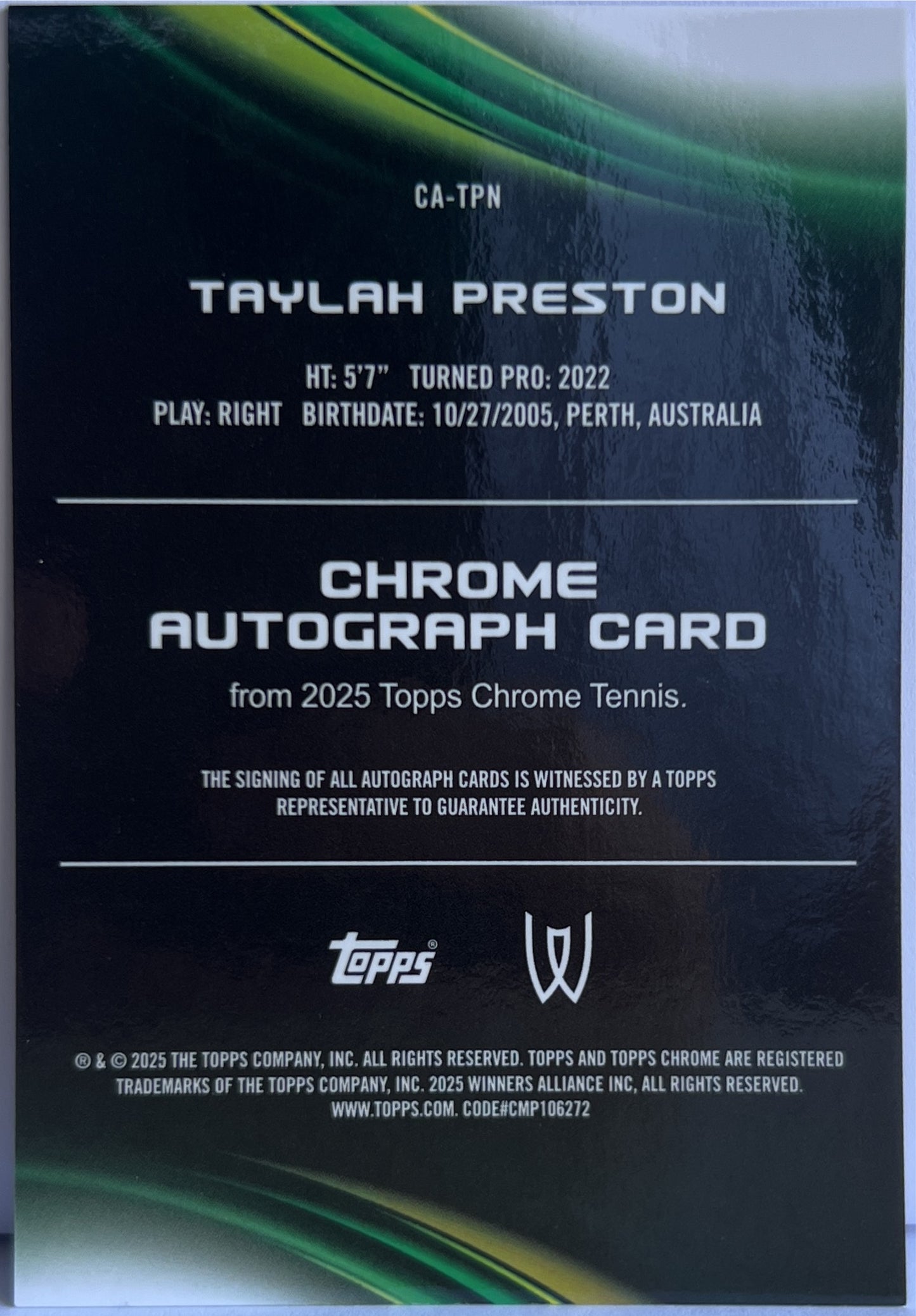 Taylah Preston Autograph Topps Chrome Tennis 2025