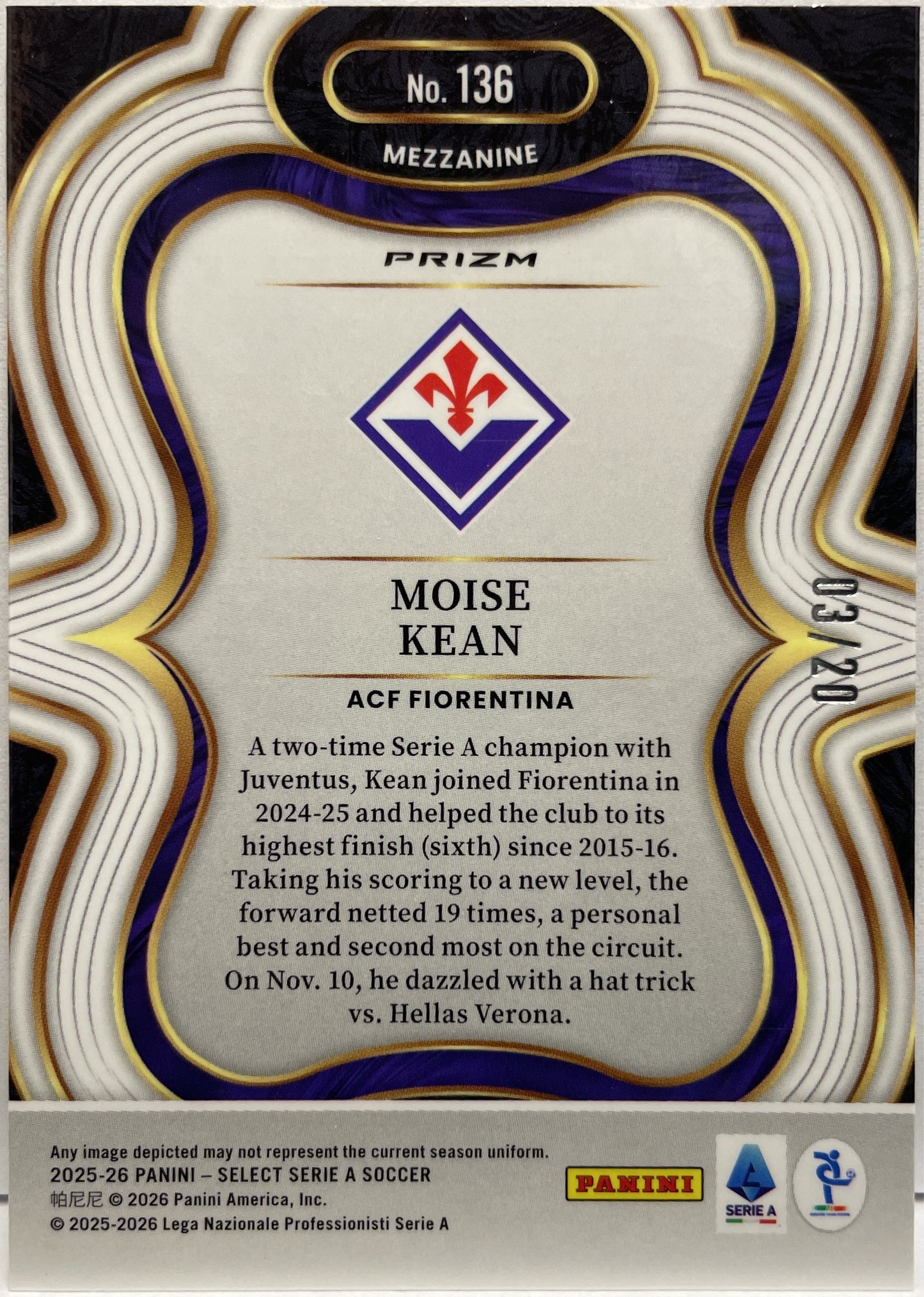 Moise Kean 3/20 Mezzanine White Panini Select Serie A 2025/26