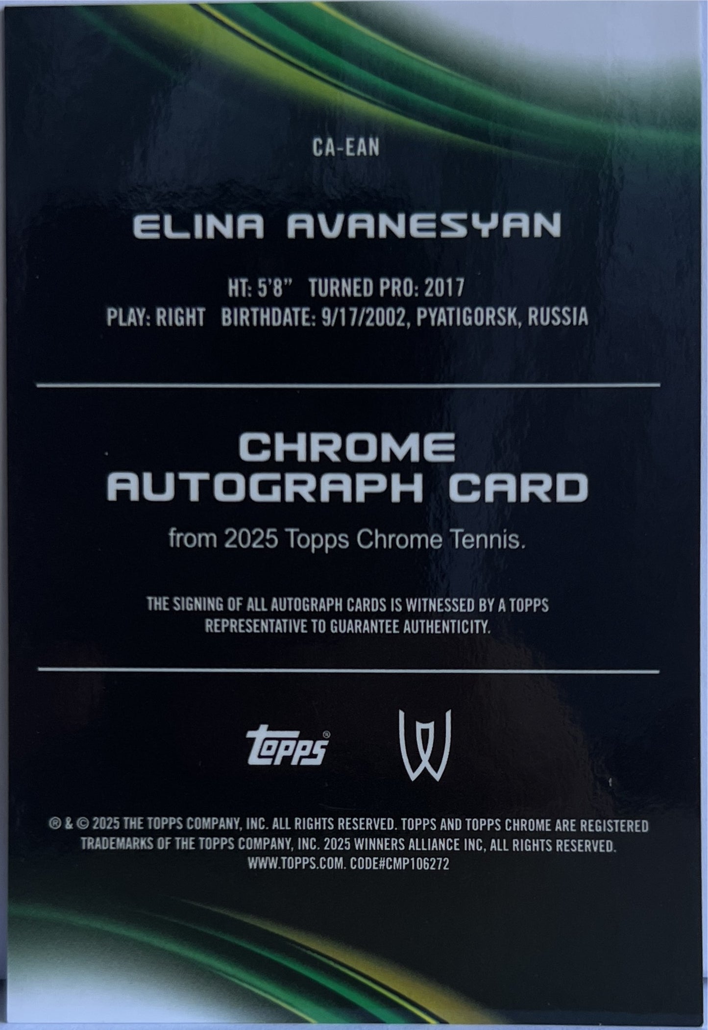 Elina Avanesyan Rookie Autograph Topps Chrome Tennis 2025