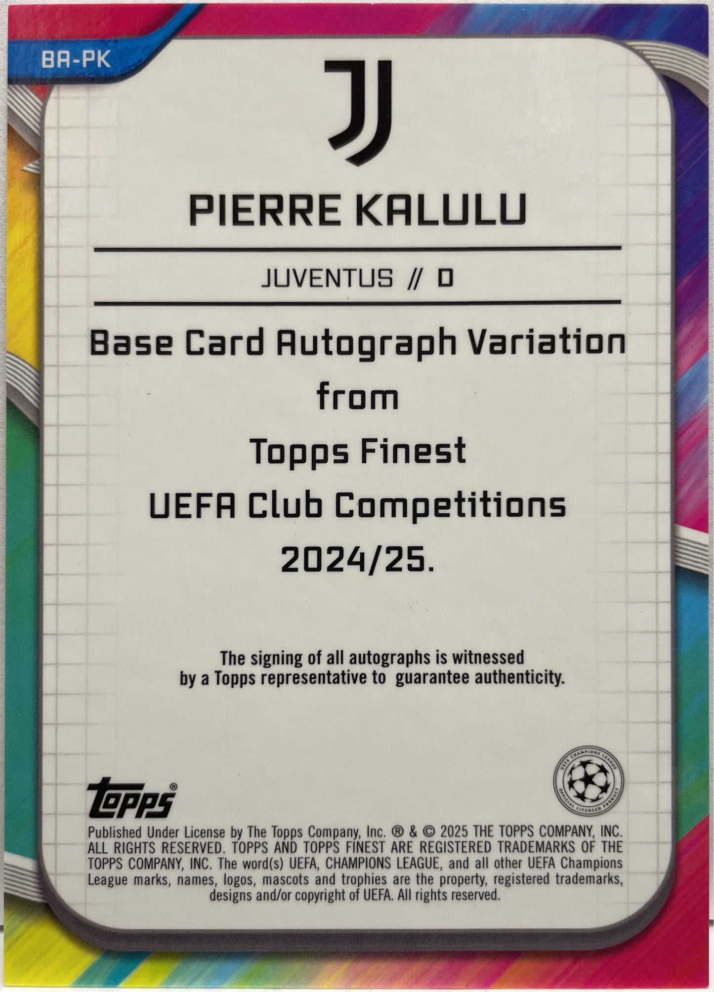 Pierre Kalulu 33/50 Autograph Gold Wave Topps Finest UCC 2024/25
