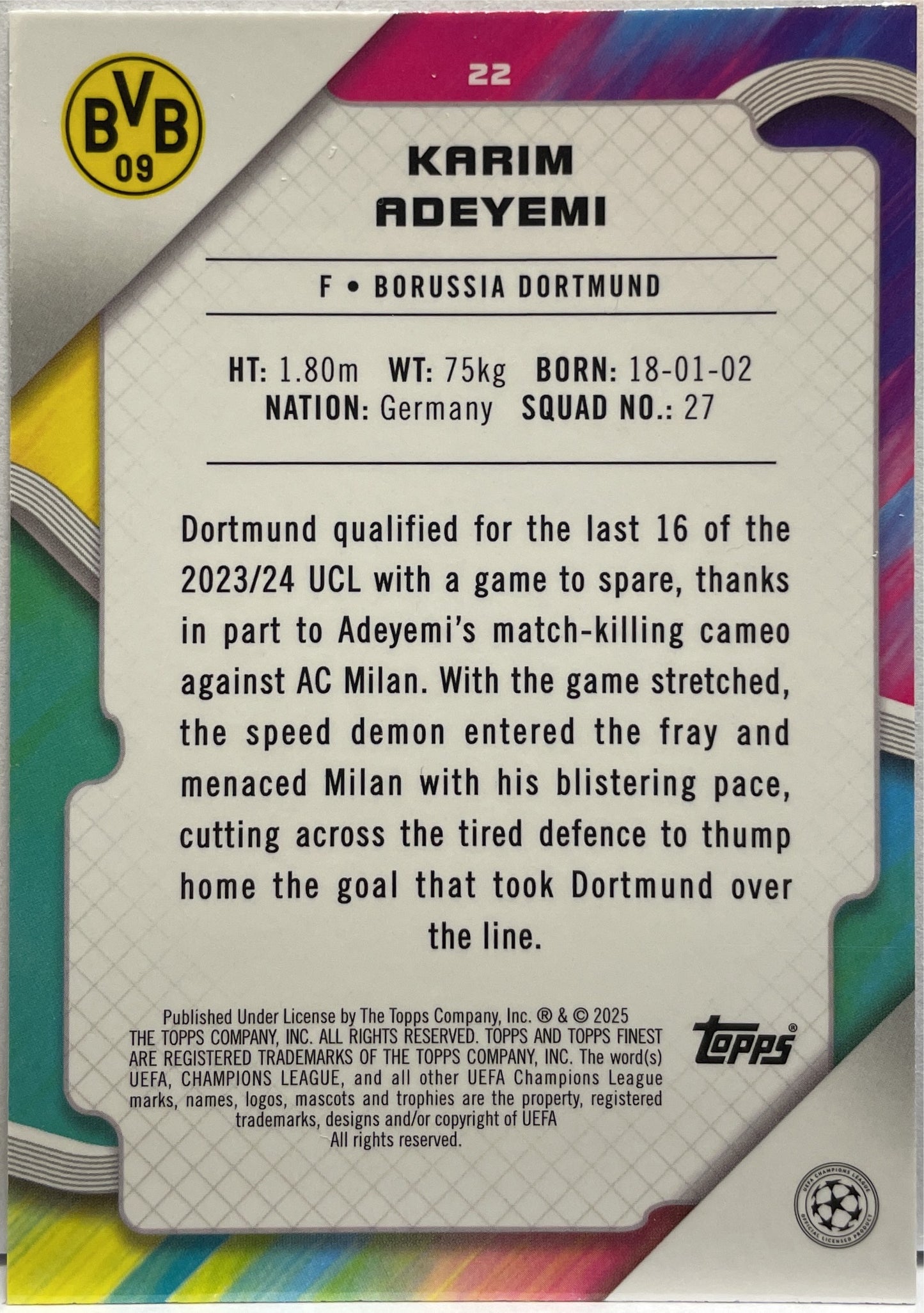 Karim Adeyemi 33/299 Purple Topps Finest UCC 2024/25