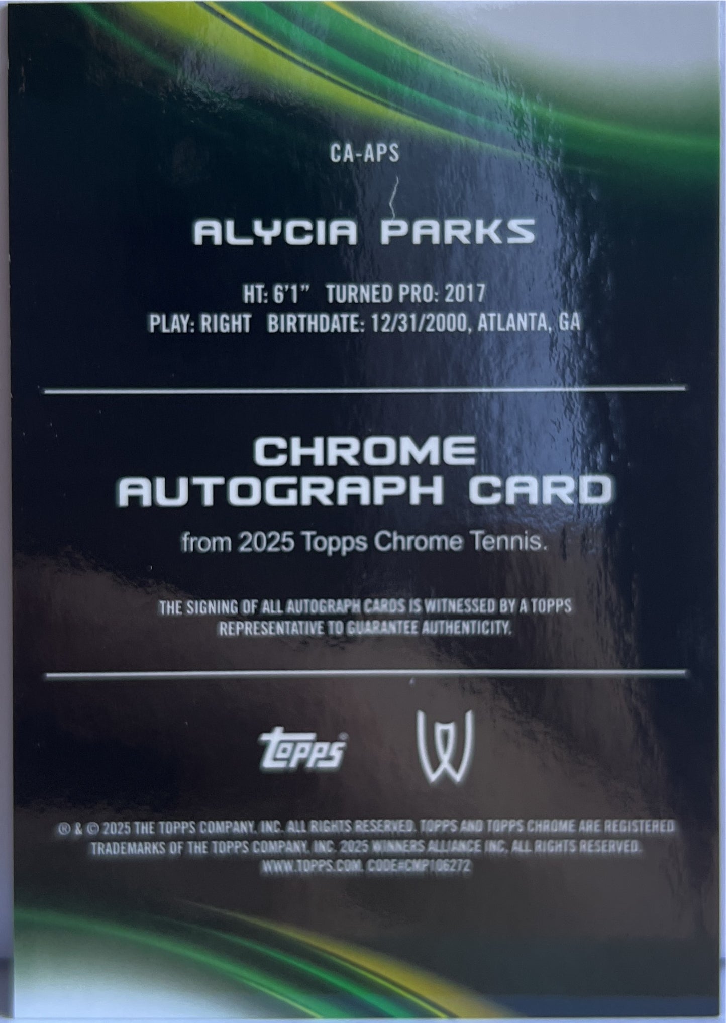 Alycia Parks 73/99 Rookie Autograph Green Topps Chrome Tennis 2025