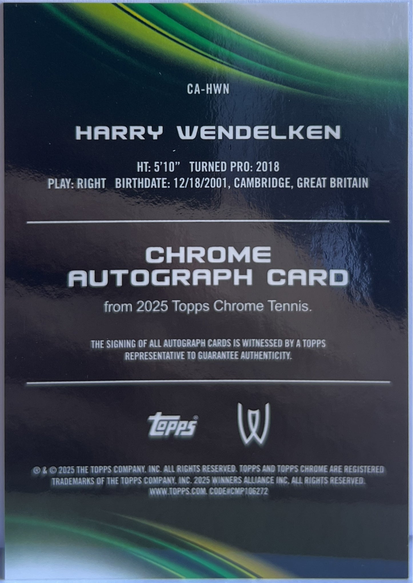 Harry Wendelken Autograph Topps Chrome Tennis 2025