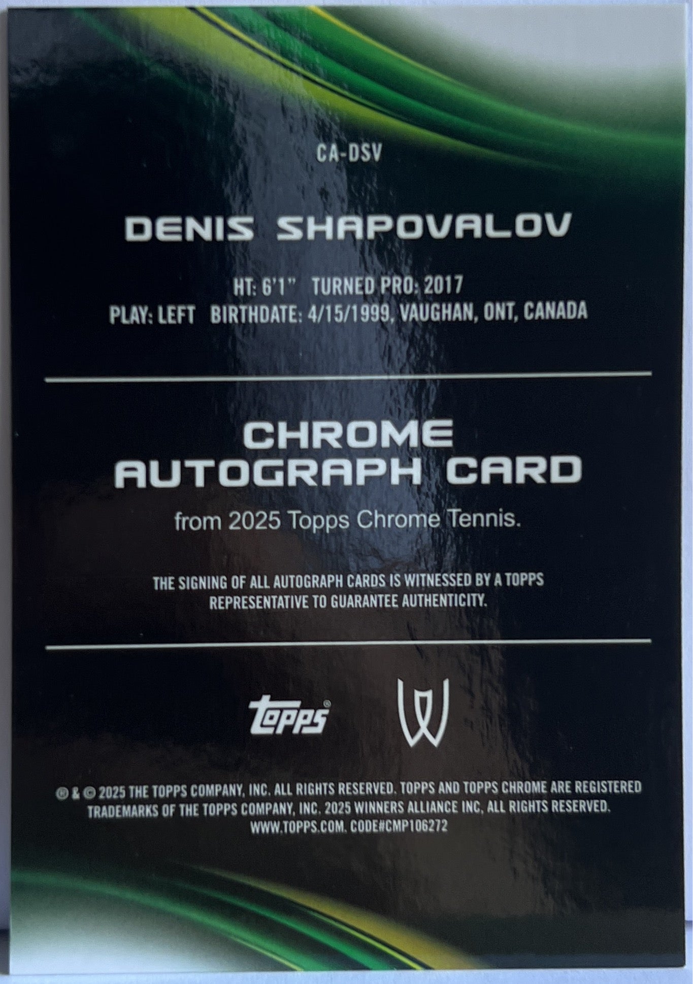 Denis Shapovalov Autograph Topps Chrome Tennis 2025