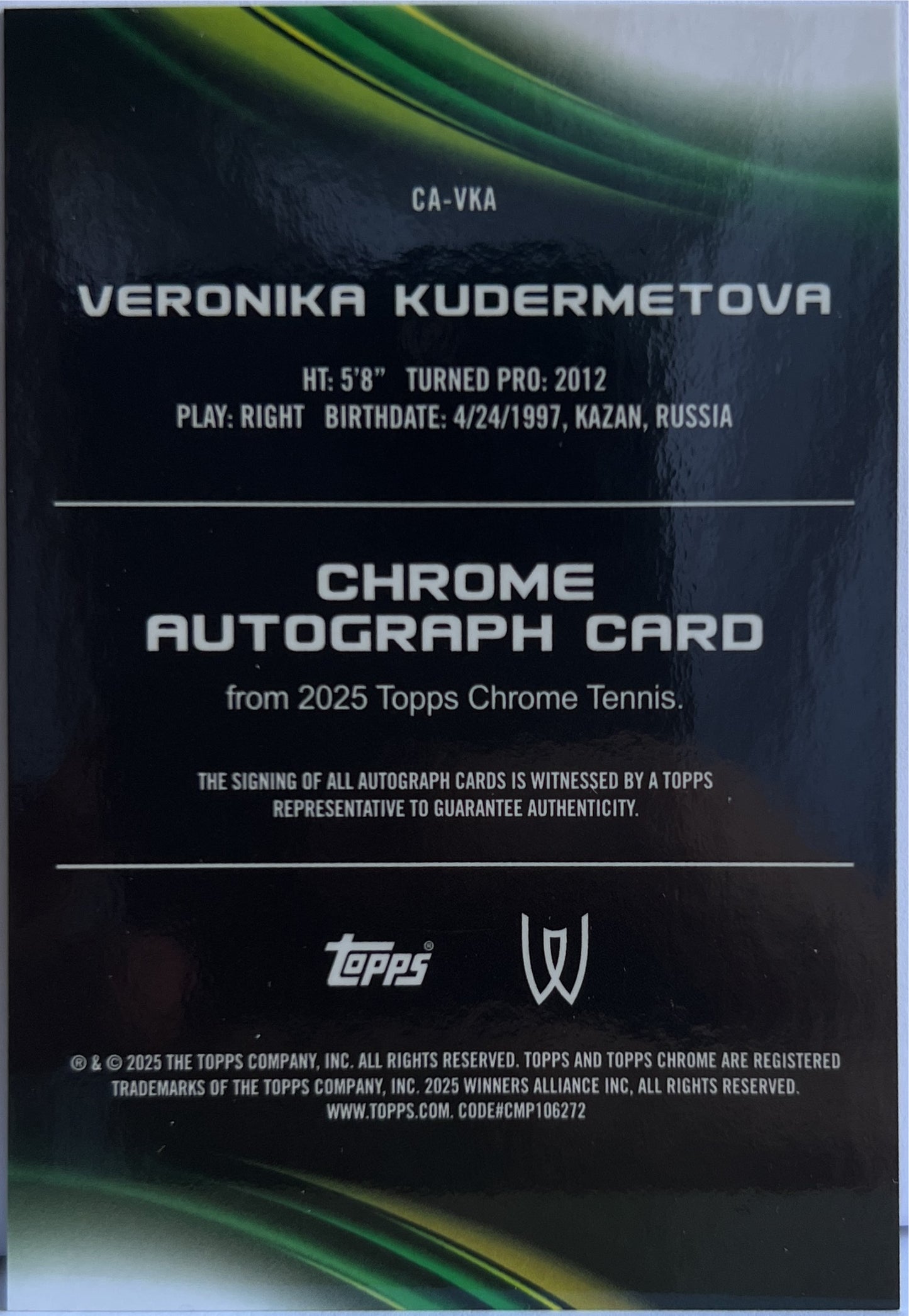 Veronika Kudermetova Autograph Topps Chrome Tennis 2025