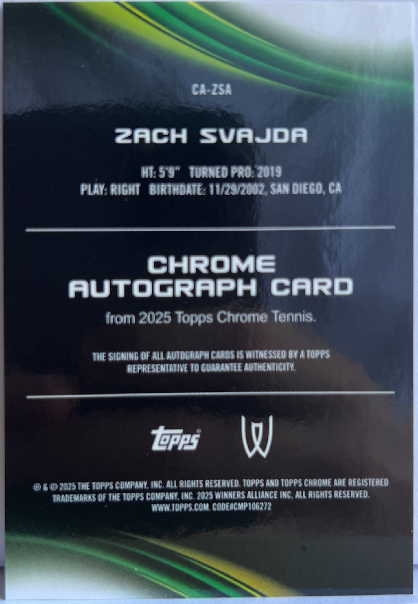 Zach Svajda Autograph Topps Chrome Tennis 2025