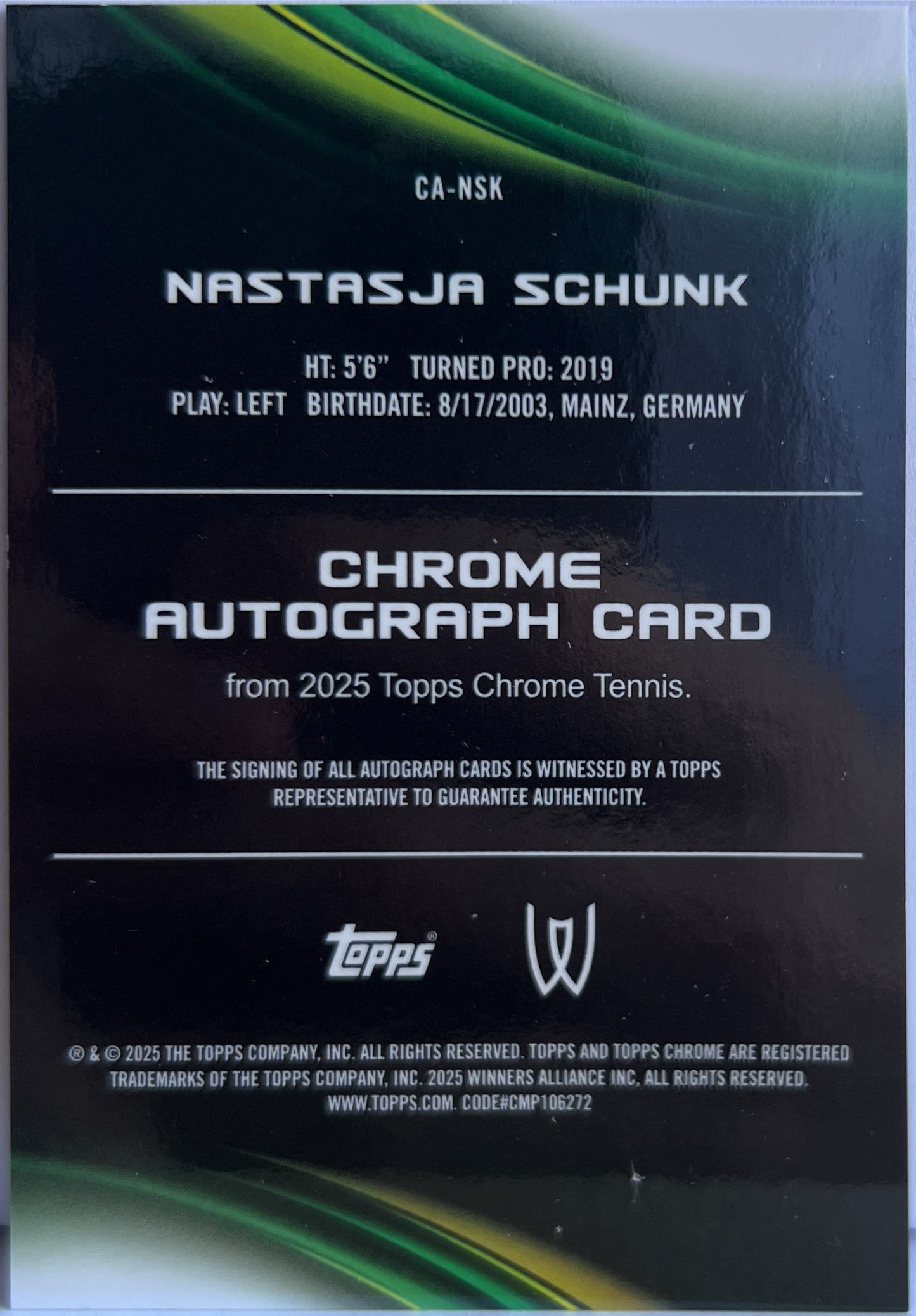 Nastasja Schunk Autograph Topps Chrome Tennis 2025