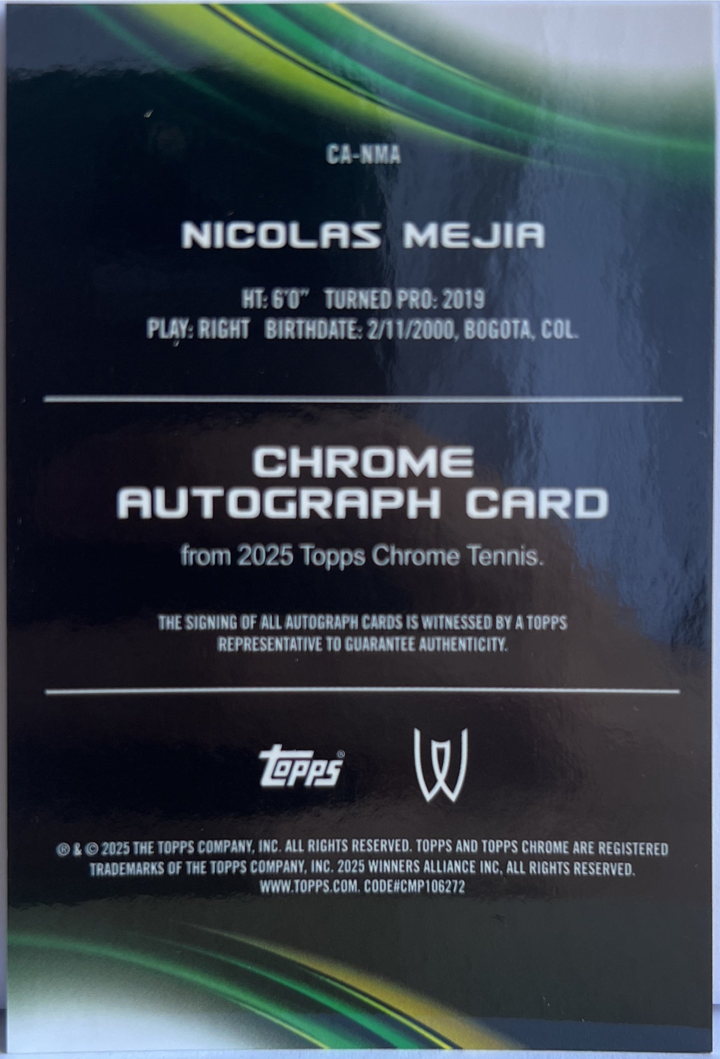 Nicolas Mejia Autograph Topps Chrome Tennis 2025