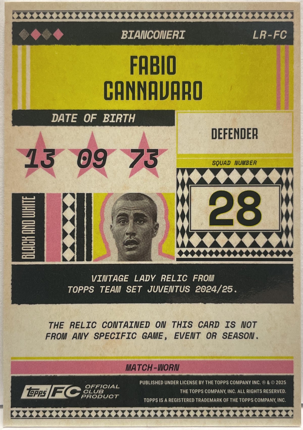 Fabio Cannavaro 1/1 Patch Worn Vintage Lady Relic Topps Juventus Premium Team Set 2024/25