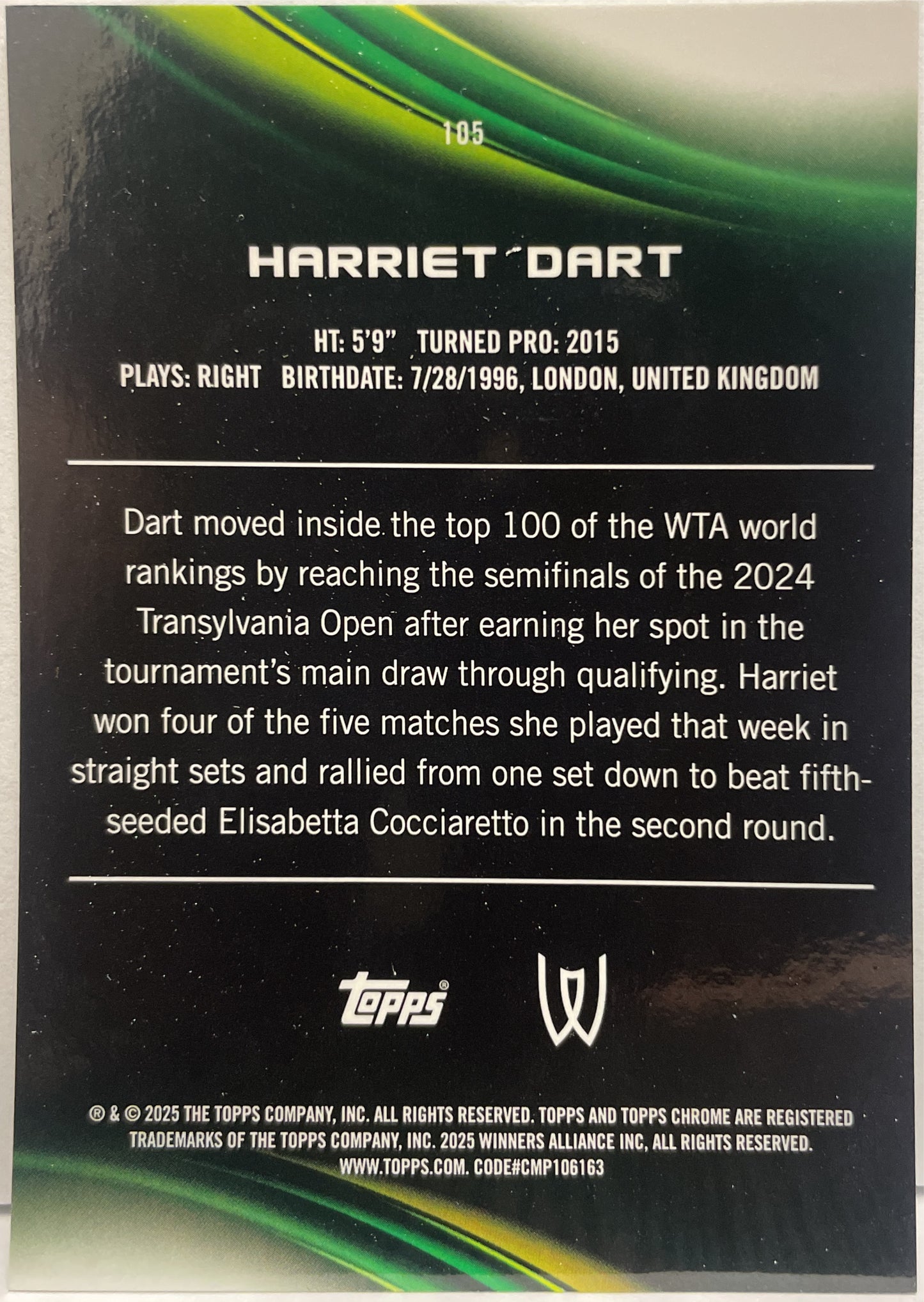 Harriet Dart 19/199 1ST Aqua Topps Chrome Tennis 2025
