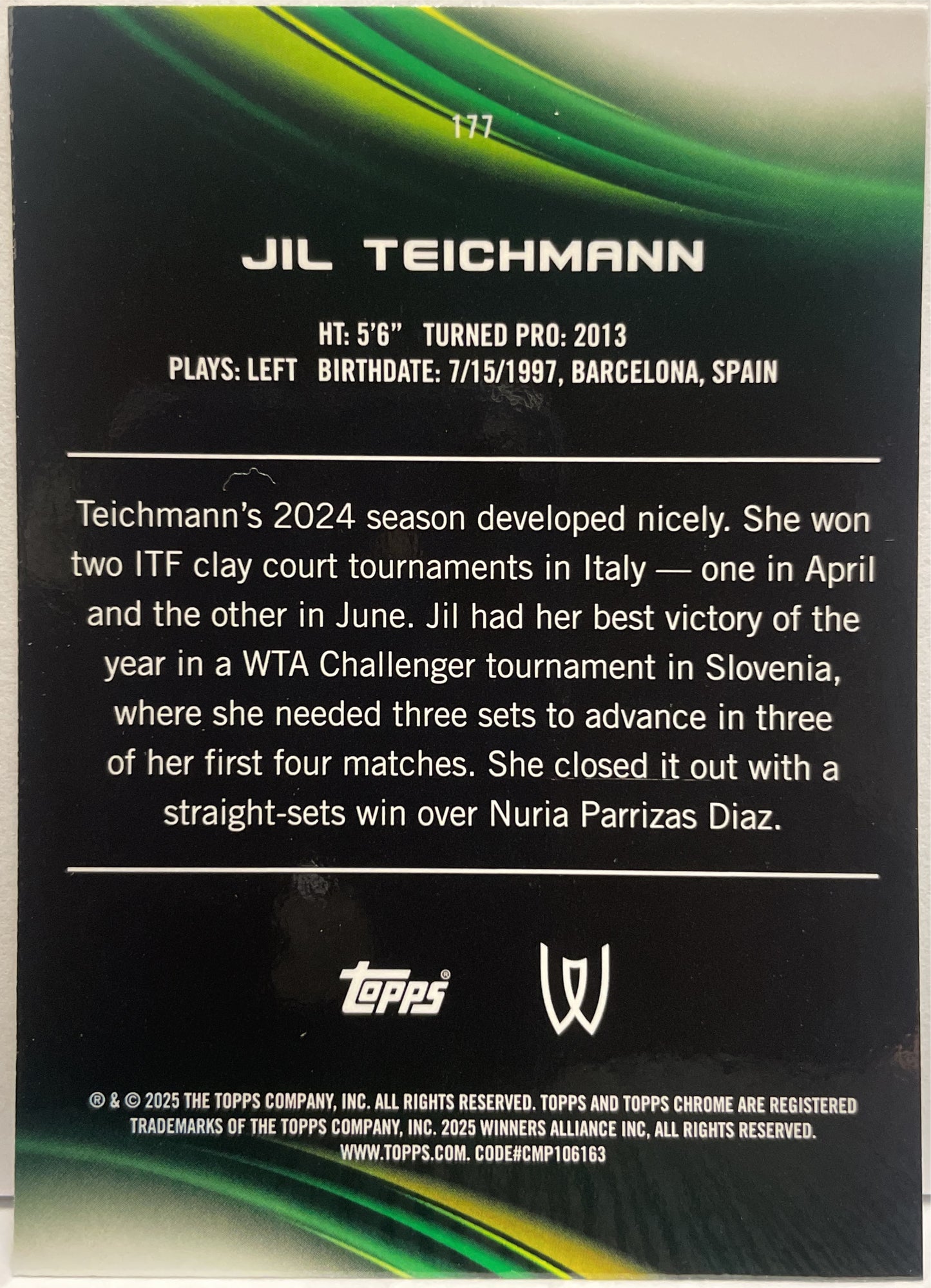 Jil Teichmann 186/199 1ST Aqua Topps Chrome Tennis 2025