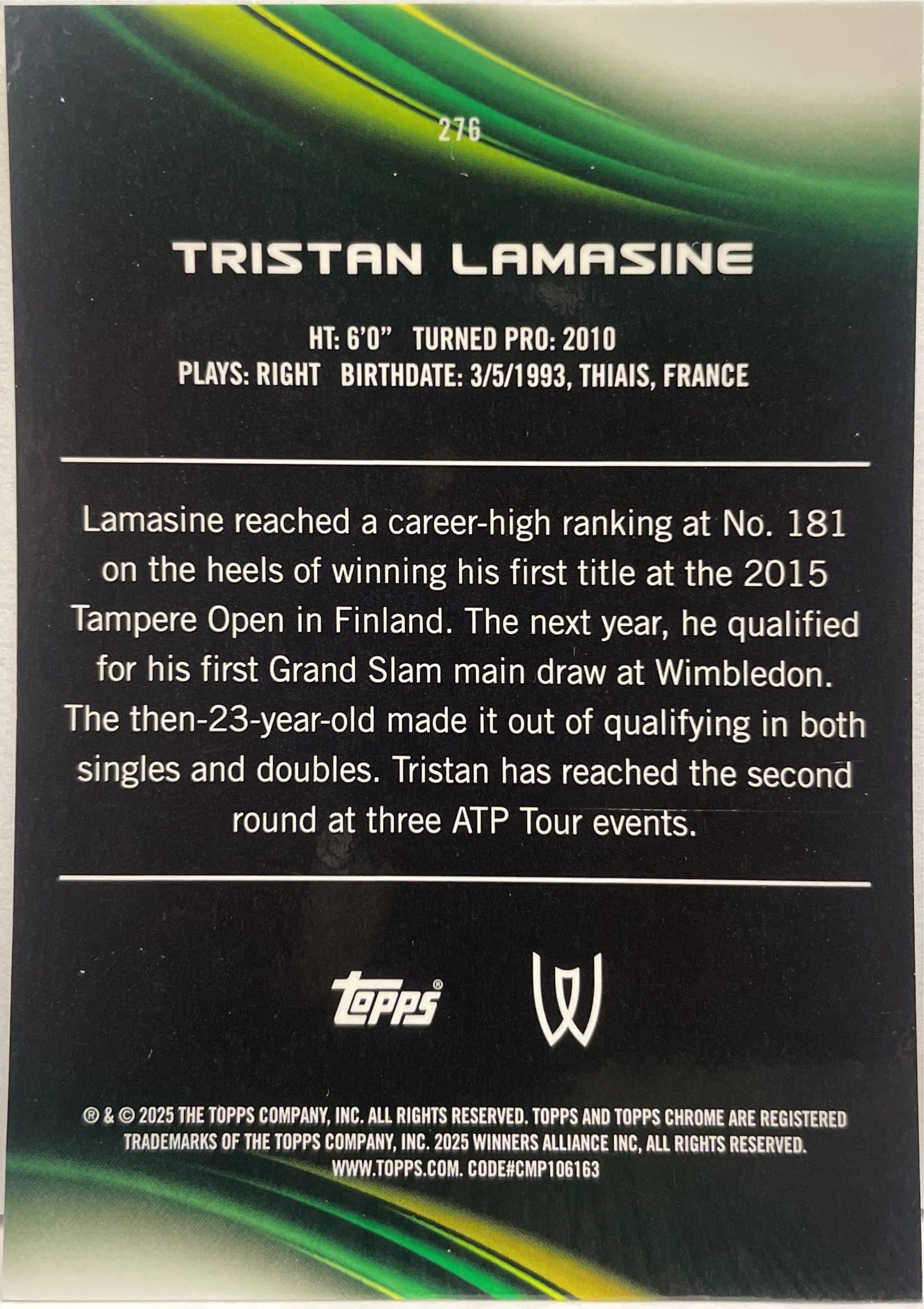 Tristan Lamasine 68/199 1ST Aqua Topps Chrome Tennis 2025