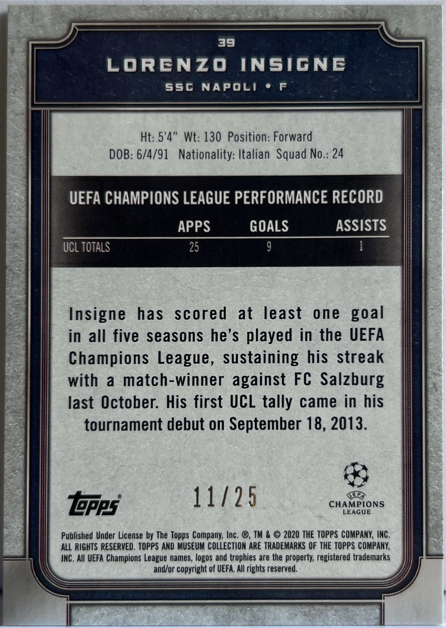 Lorenzo Insigne 11/25 Red Topps Museum 2019/20