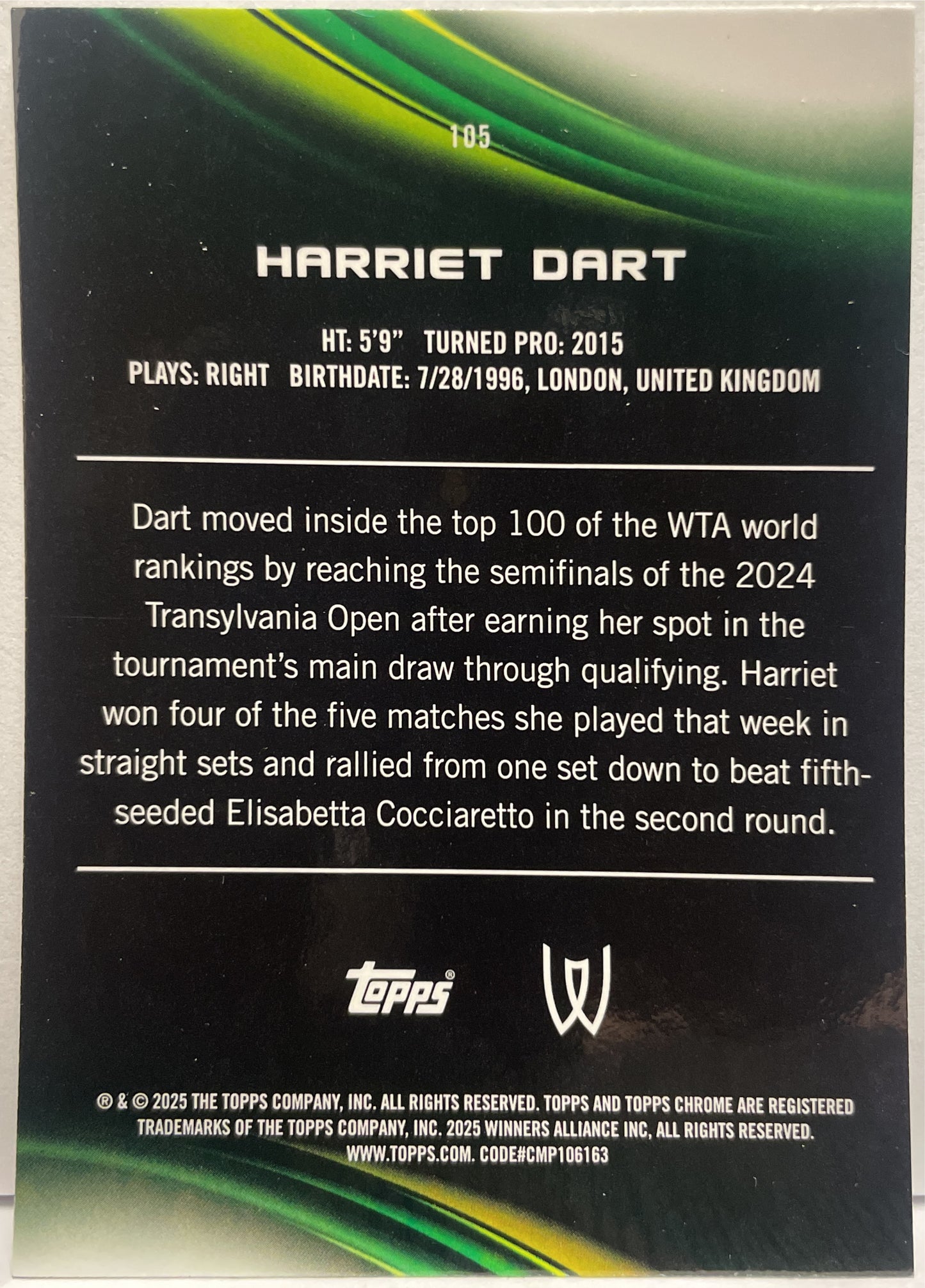Harriet Dart 41/199 1ST Aqua Topps Chrome Tennis 2025