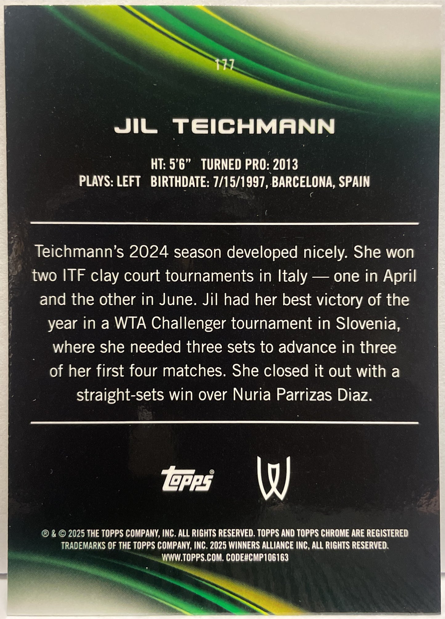 Jil Teichmann 135/199 1ST Aqua Topps Chrome Tennis 2025