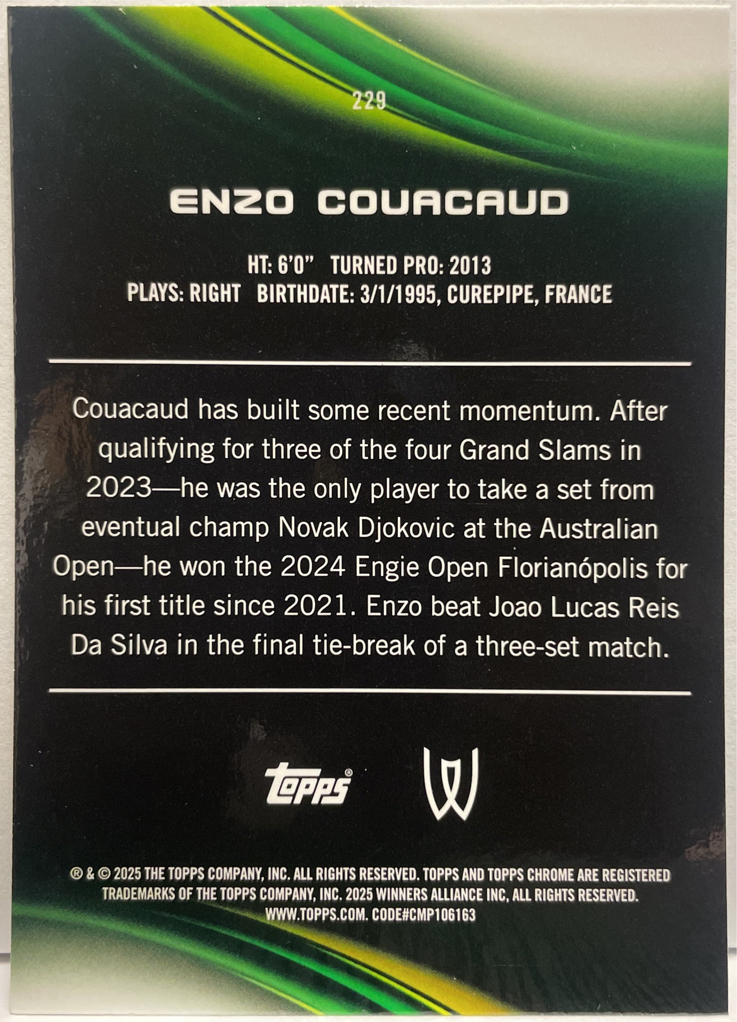 Enzo Couacaud 65/199 1ST Aqua Topps Chrome Tennis 2025