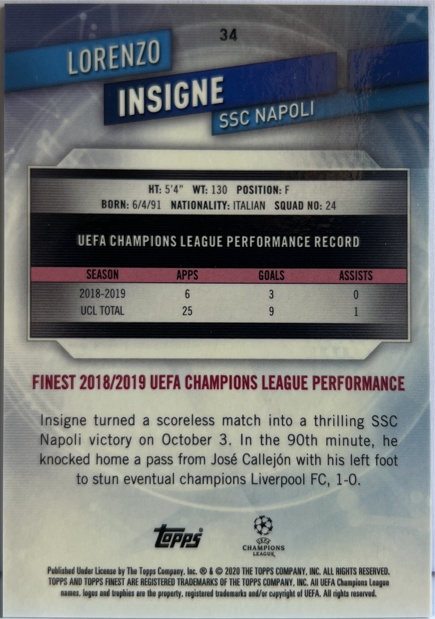 Lorenzo Insigne 186/250 Purple Topps Finest UCL 2019/20