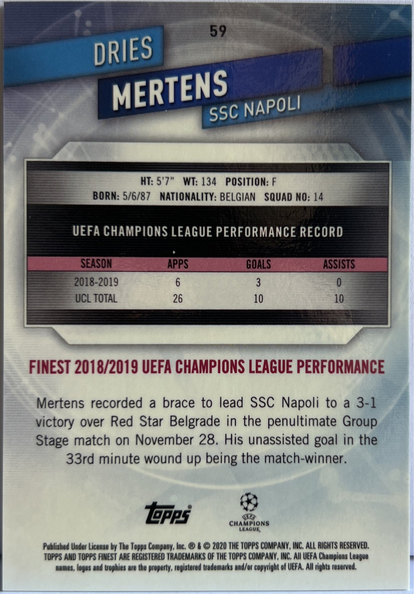 Dries Mertens 162/250 Purple Topps Finest UCL 2019/20