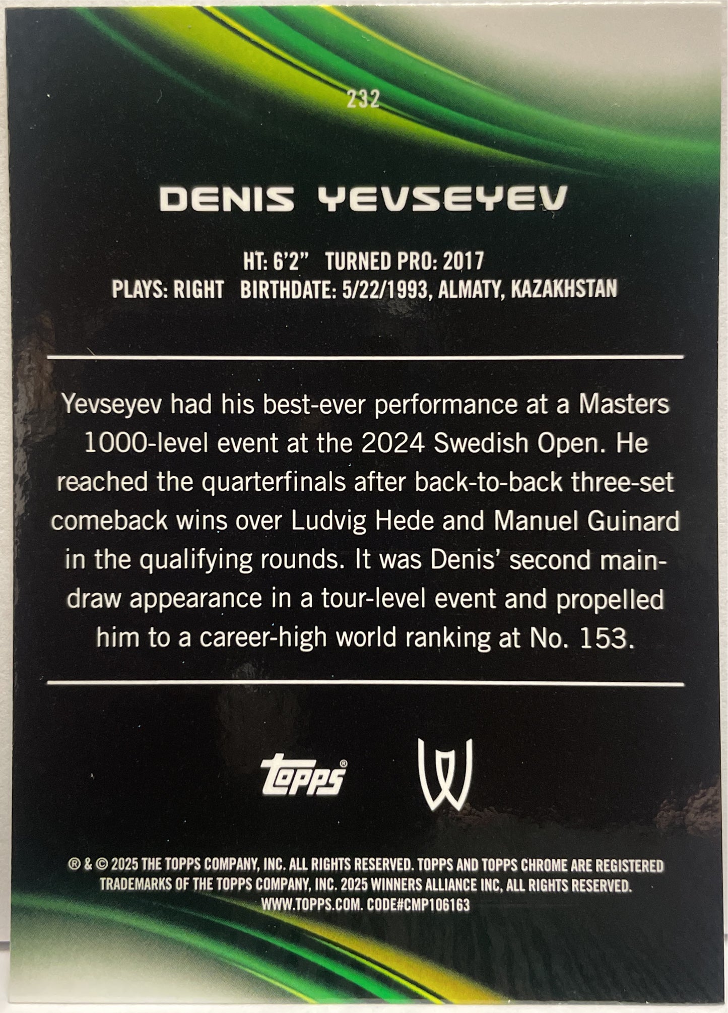 Denis Yevseyev 10/199 1ST Aqua Topps Chrome Tennis 2025