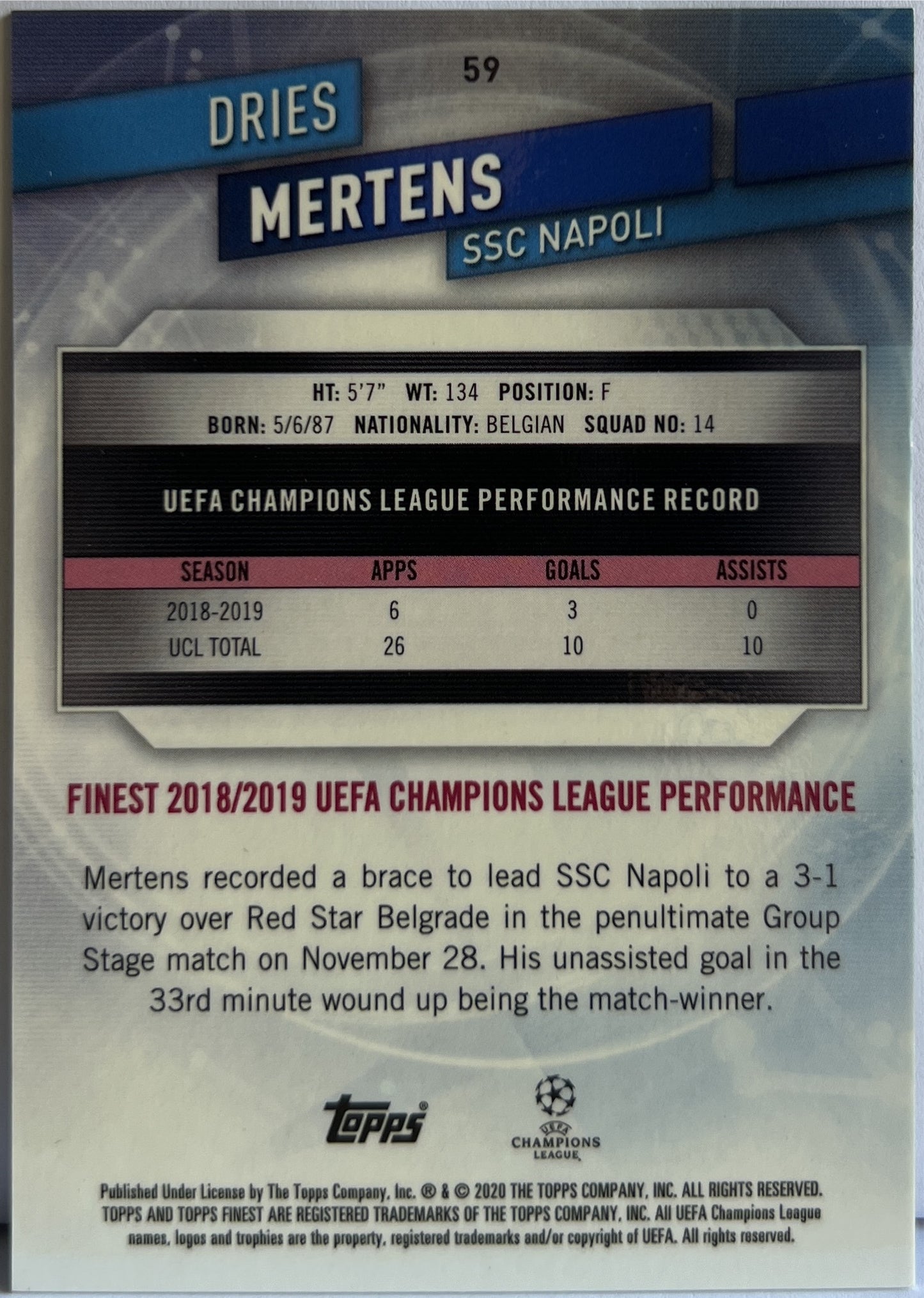 Dries Mertens 52/99 Green Topps Finest UCL 2019/20
