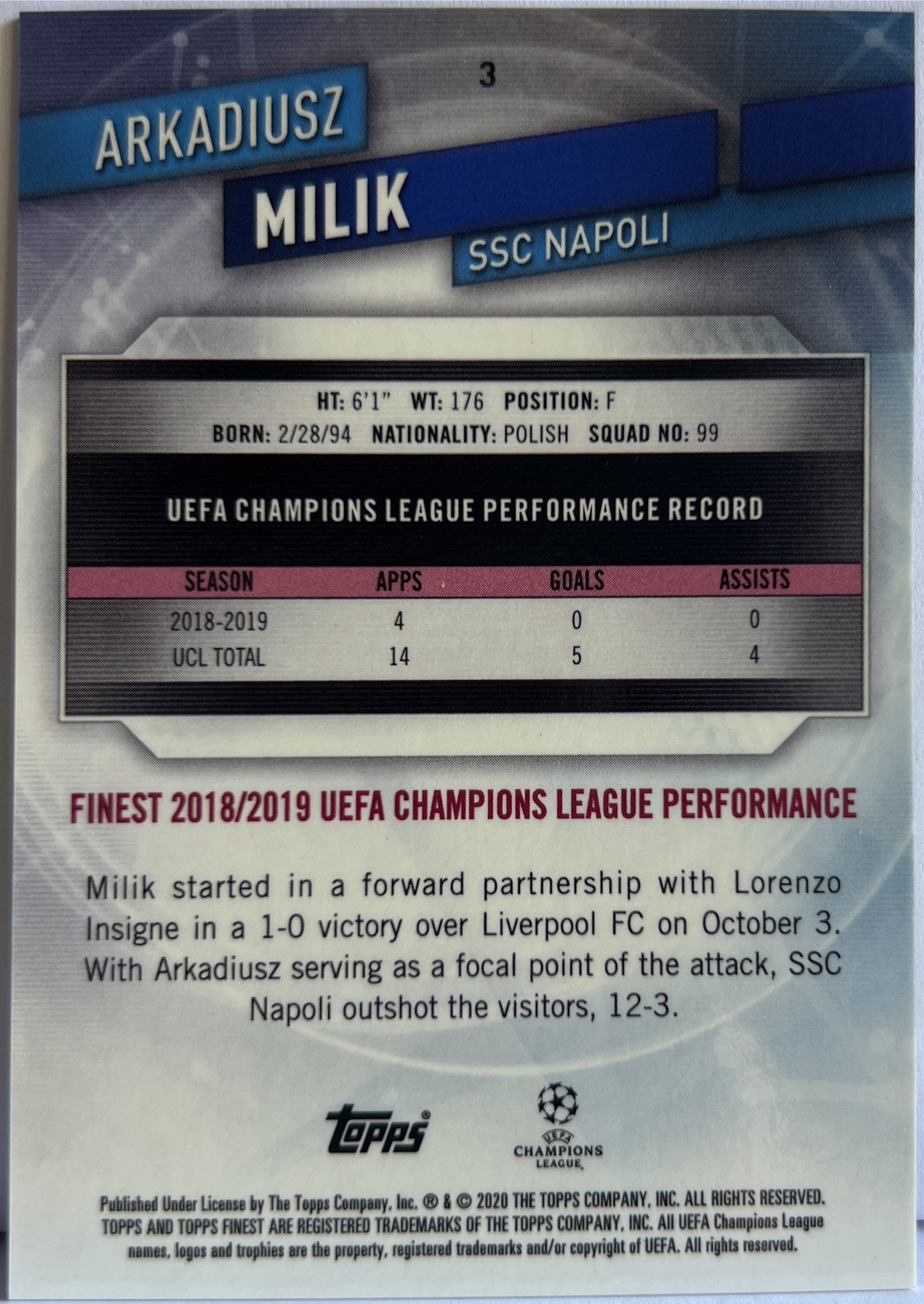 Arkadiusz Milik 35/99 Green Topps Finest UCL 2019/20