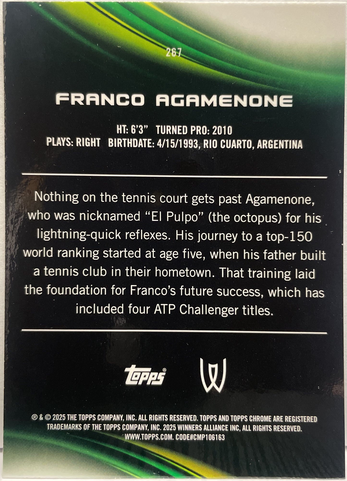 Franco Agamenone 100/199 1ST Aqua Topps Chrome Tennis 2025