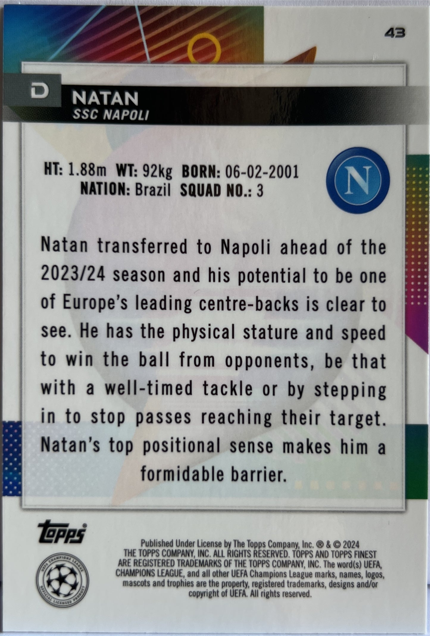Natan 8/25 Rookie Orange Topps Finest UCC 2023/24