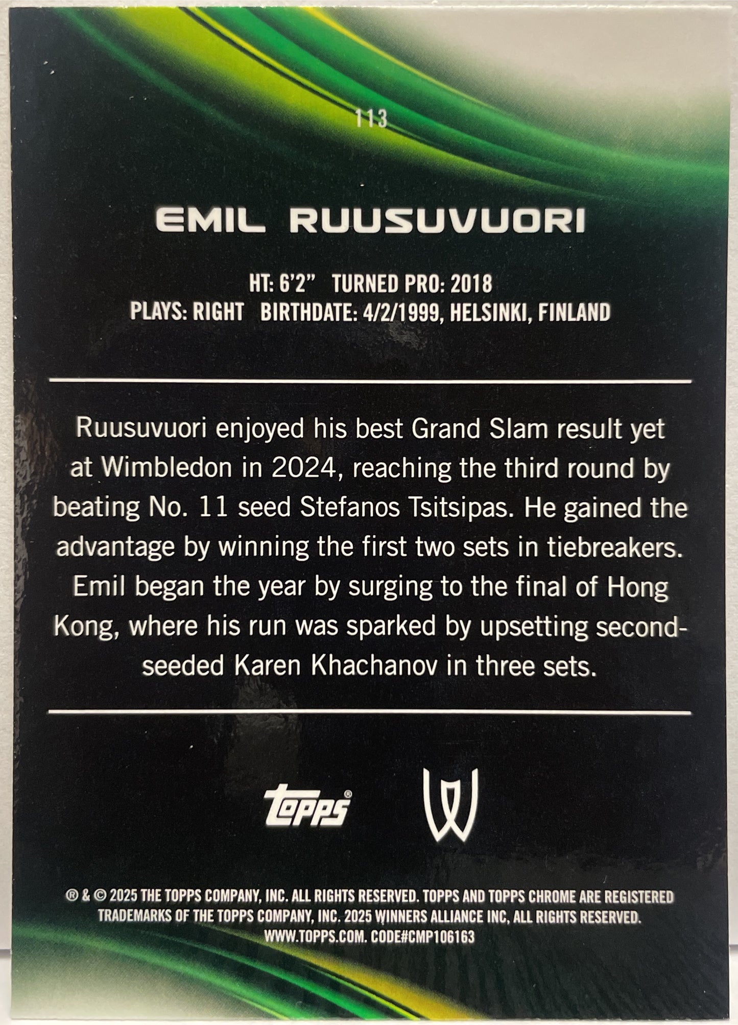 Emil Ruusuvuori 170/199 1ST Aqua Topps Chrome Tennis 2025