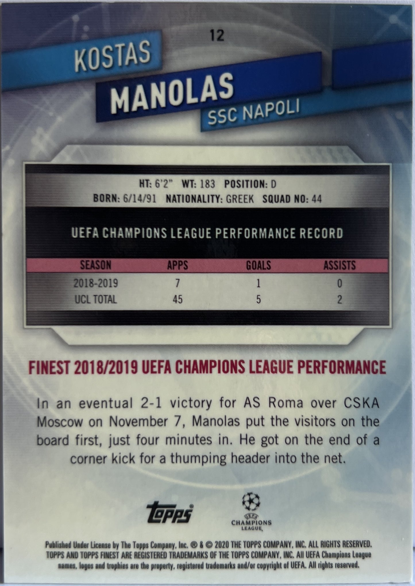 Kostas Manolas 104/250 Purple Topps Finest UCL 2019/20